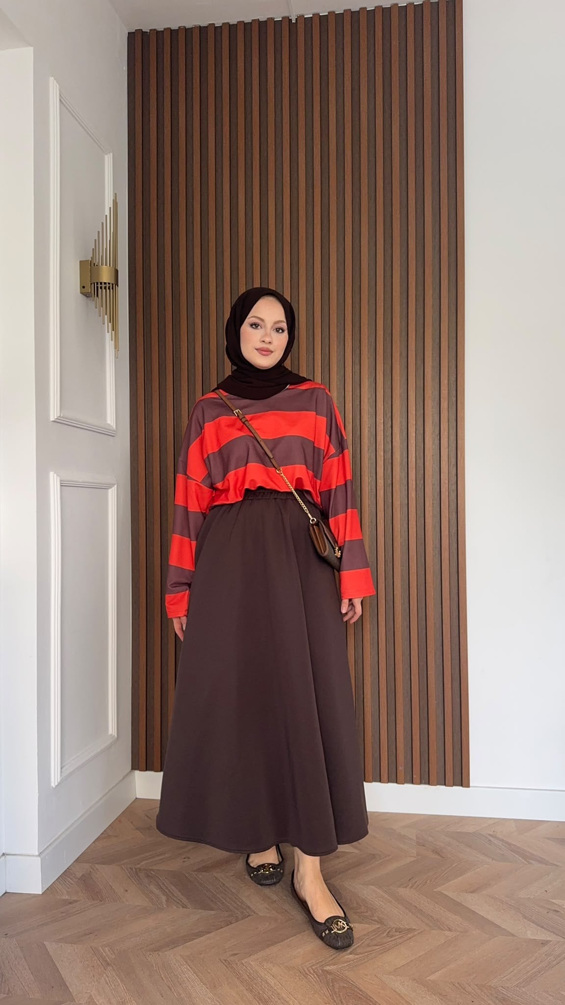 MEYSADESIGN SWEAT Nage Çizgili Sweatshirt Kırmızı Kahve