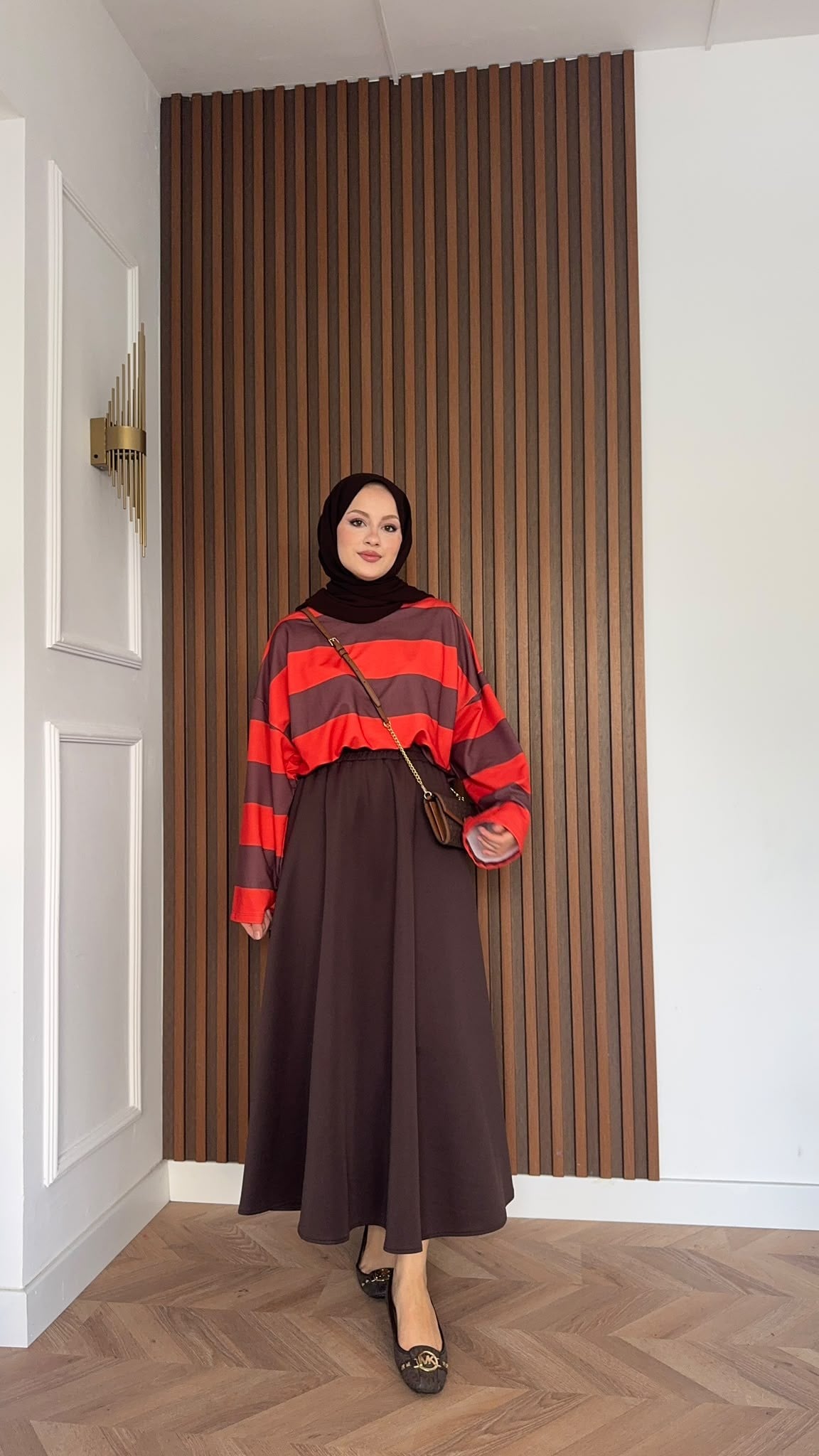 MEYSADESIGN SWEAT Nage Çizgili Sweatshirt Kırmızı Kahve