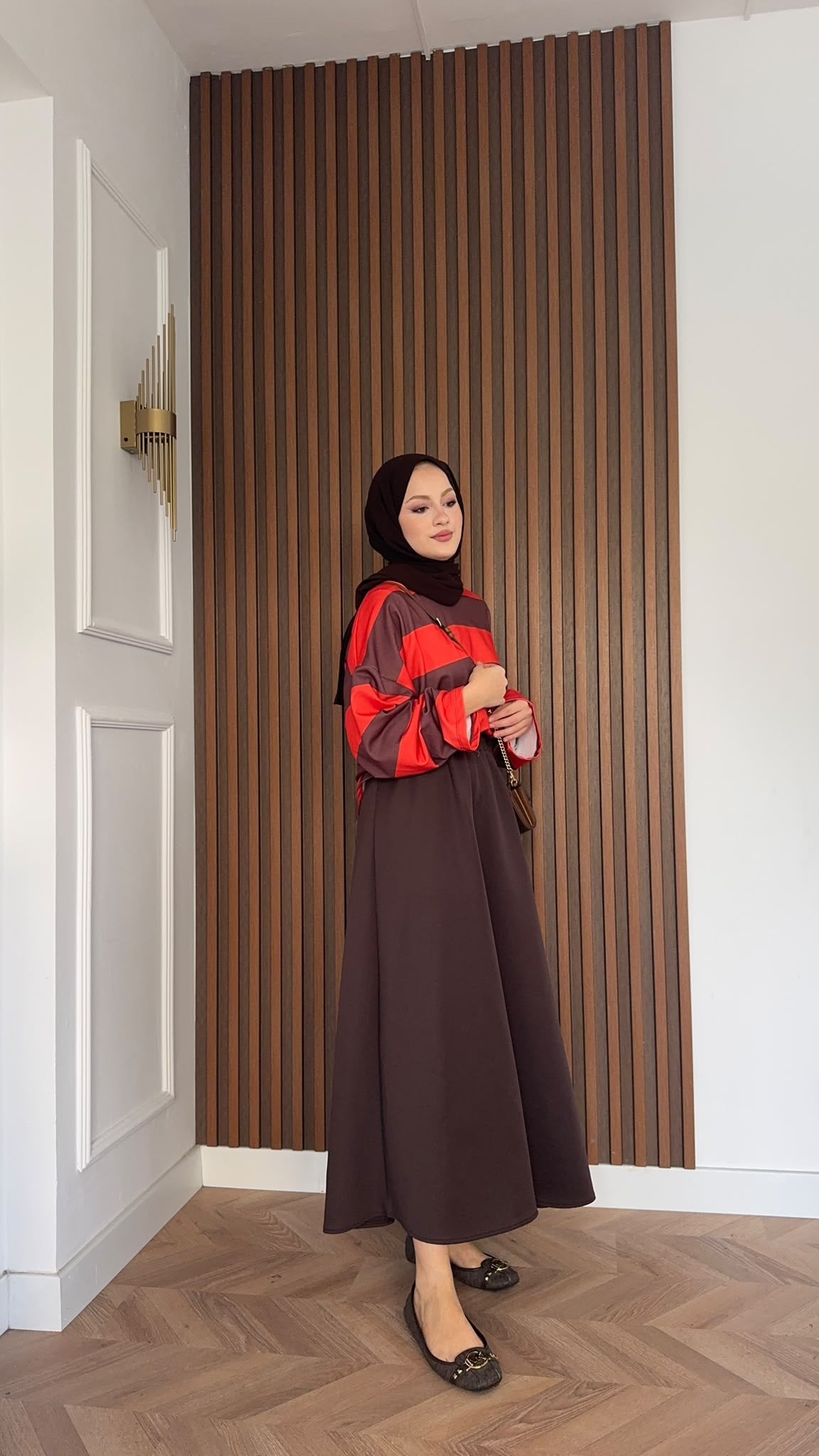 MEYSADESIGN SWEAT Nage Çizgili Sweatshirt Kırmızı Kahve