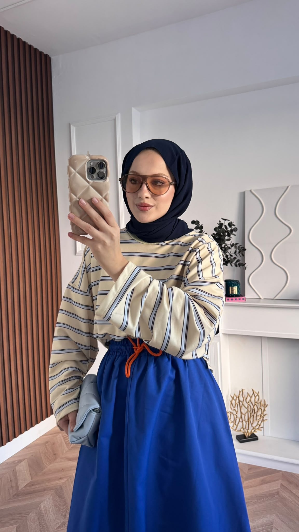 MEYSADESIGN SWEAT Nage Çizgili Sweatshirt Bej Mavi
