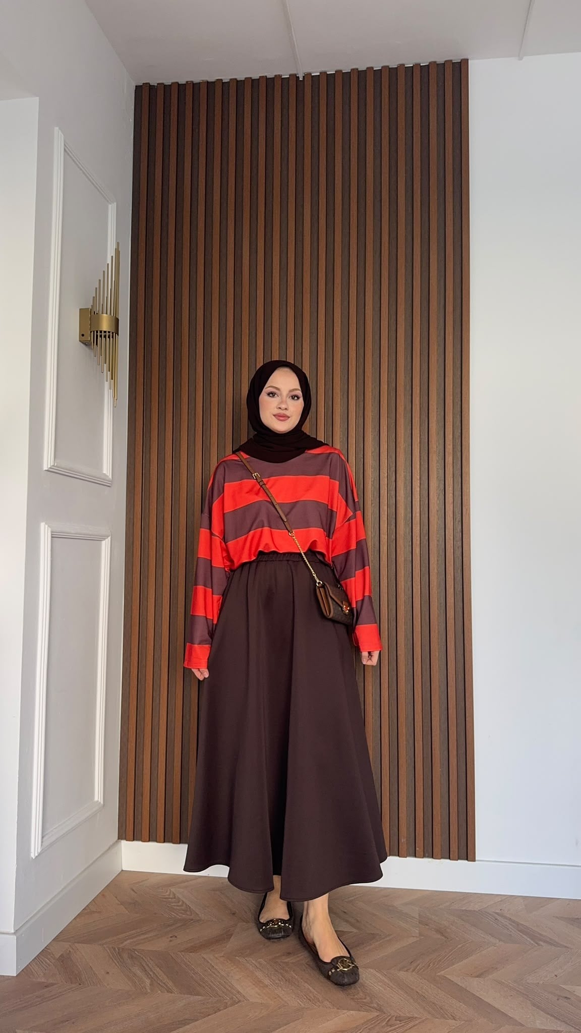 MEYSADESIGN SWEAT Nage Çizgili Sweatshirt Kırmızı Kahve