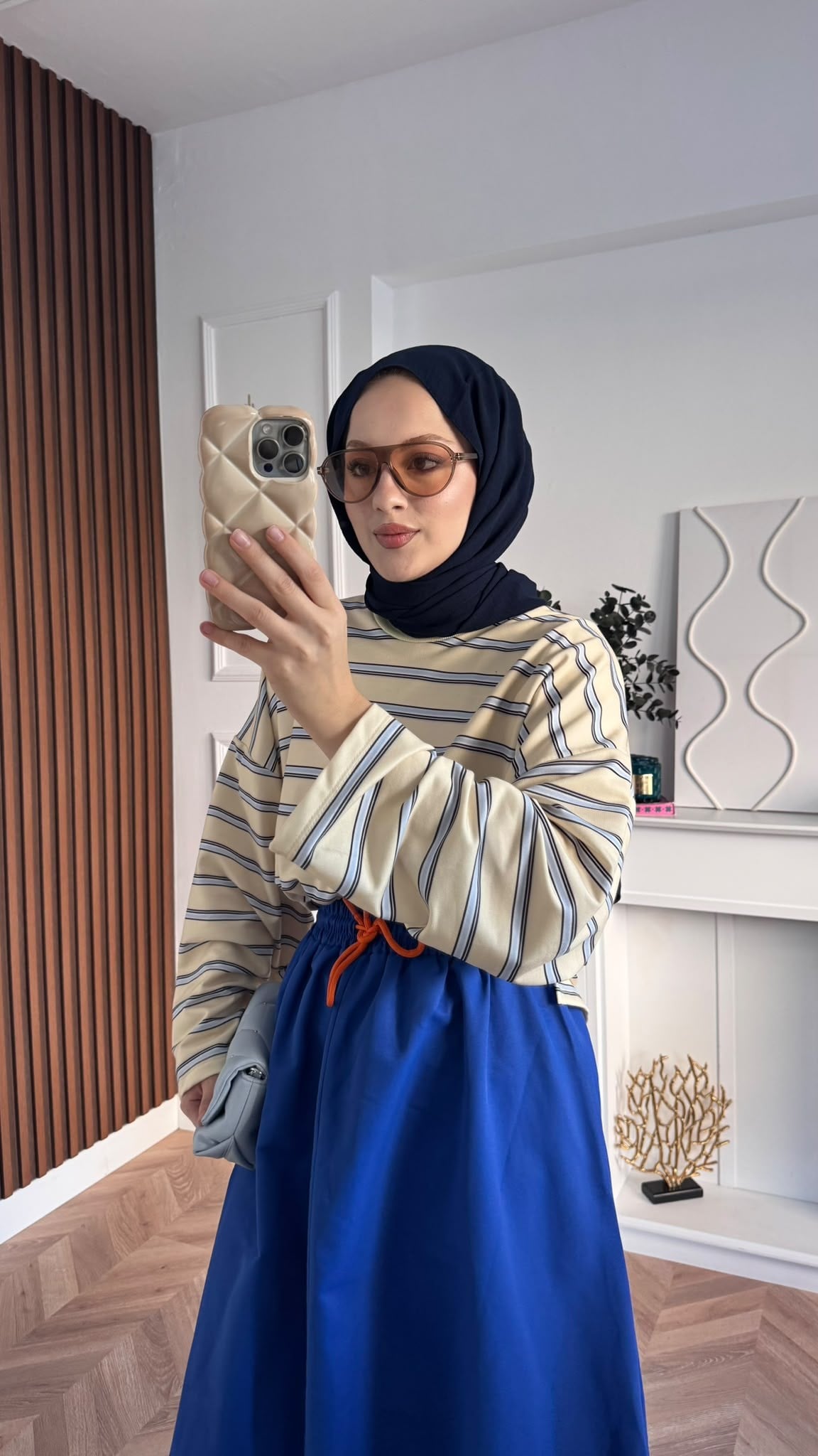 MEYSADESIGN SWEAT Nage Çizgili Sweatshirt Bej Mavi