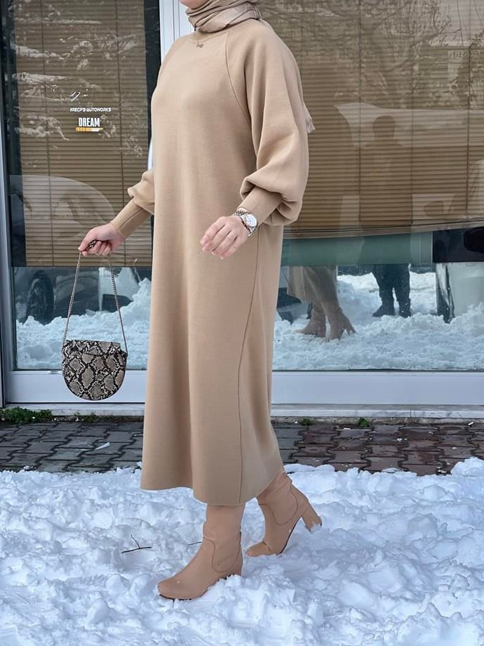 MEYSADESIGN TESETTÜR TRİKO Balon Kol Tesettür Triko Elbise Sütlü Kahve