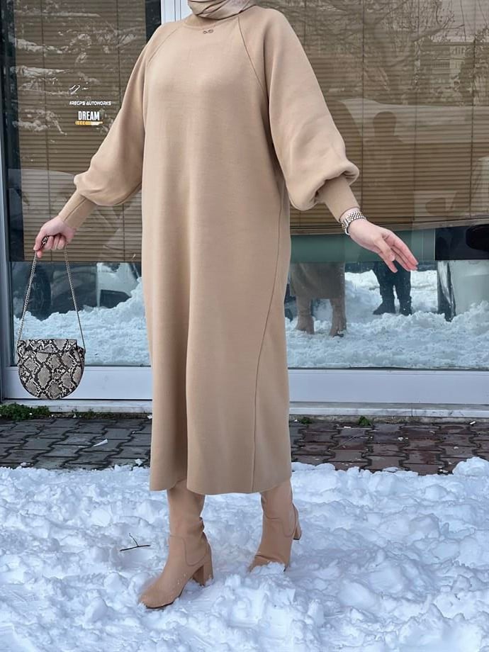MEYSADESIGN TESETTÜR TRİKO Balon Kol Tesettür Triko Elbise Sütlü Kahve