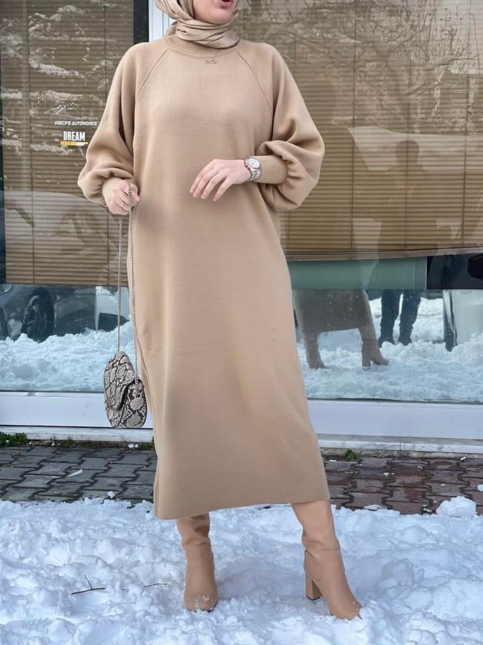 MEYSADESIGN TESETTÜR TRİKO Balon Kol Tesettür Triko Elbise Sütlü Kahve