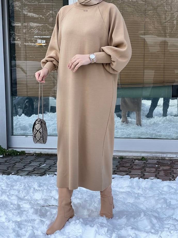 MEYSADESIGN TESETTÜR TRİKO Balon Kol Tesettür Triko Elbise Sütlü Kahve
