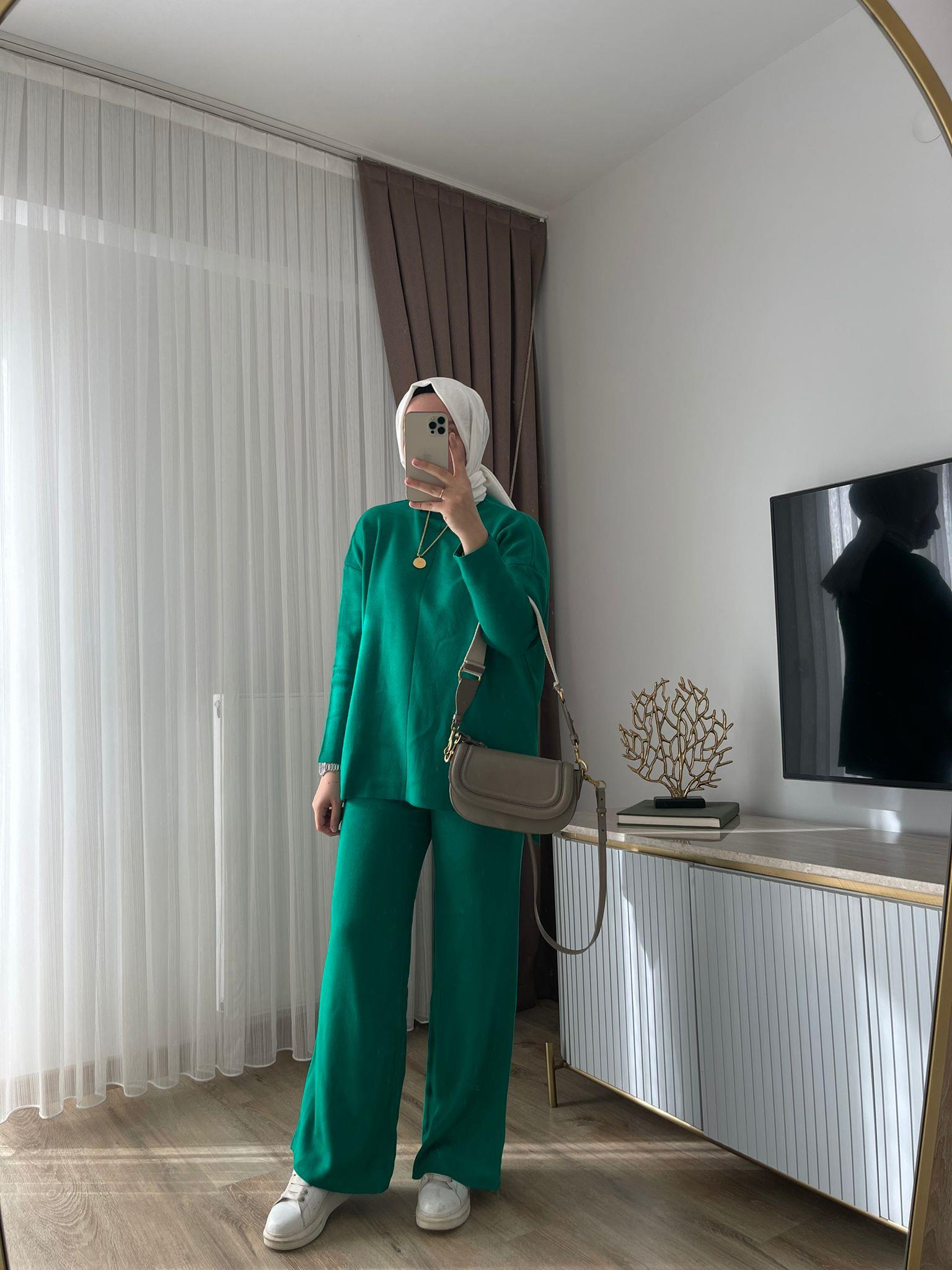MEYSADESIGN TESETTÜR TRİKO Dik Yaka Triko Takım Benetton Yeşili