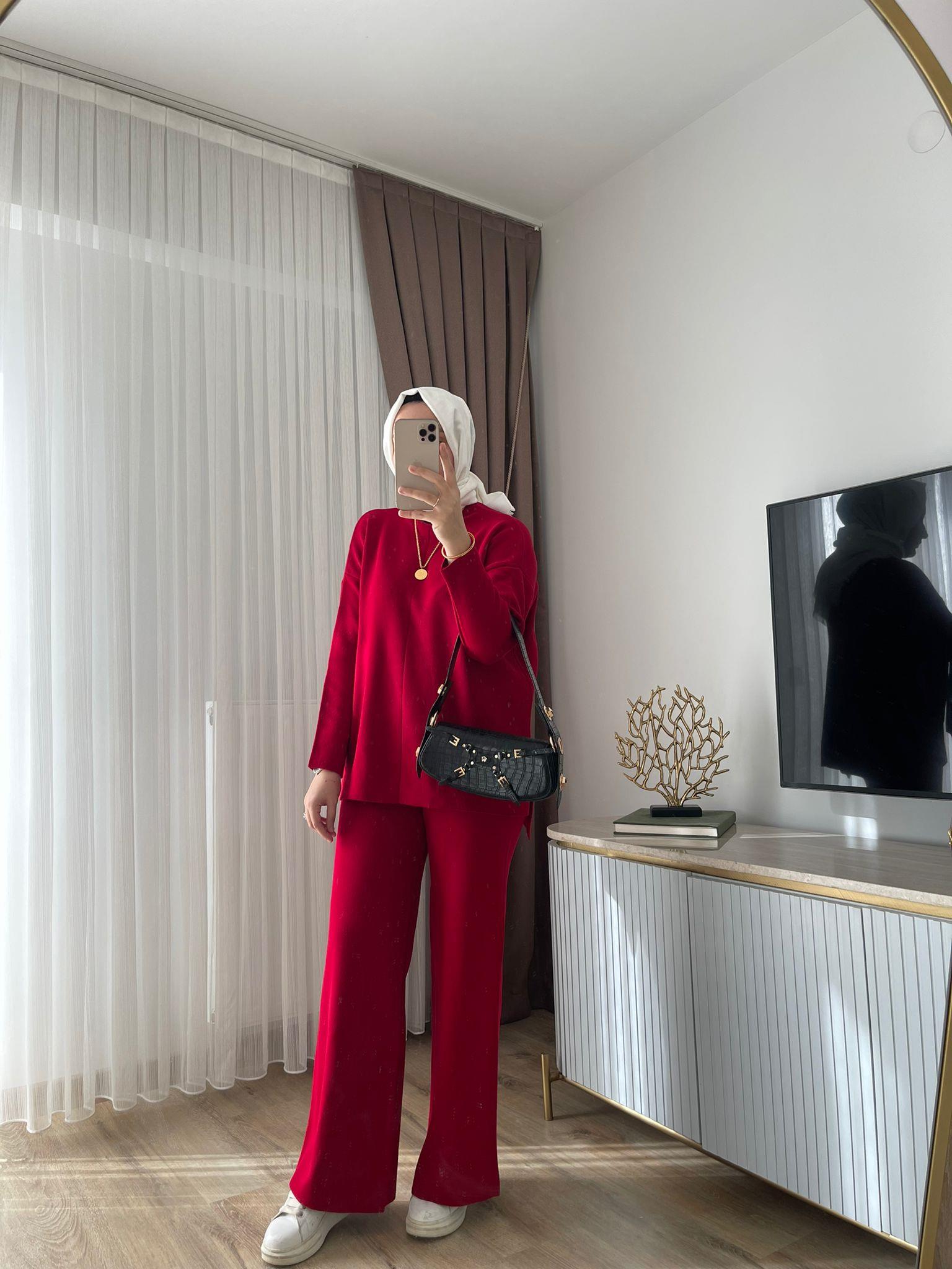 MEYSADESIGN TESETTÜR TRİKO Dik Yaka Triko Takım Kırmızı
