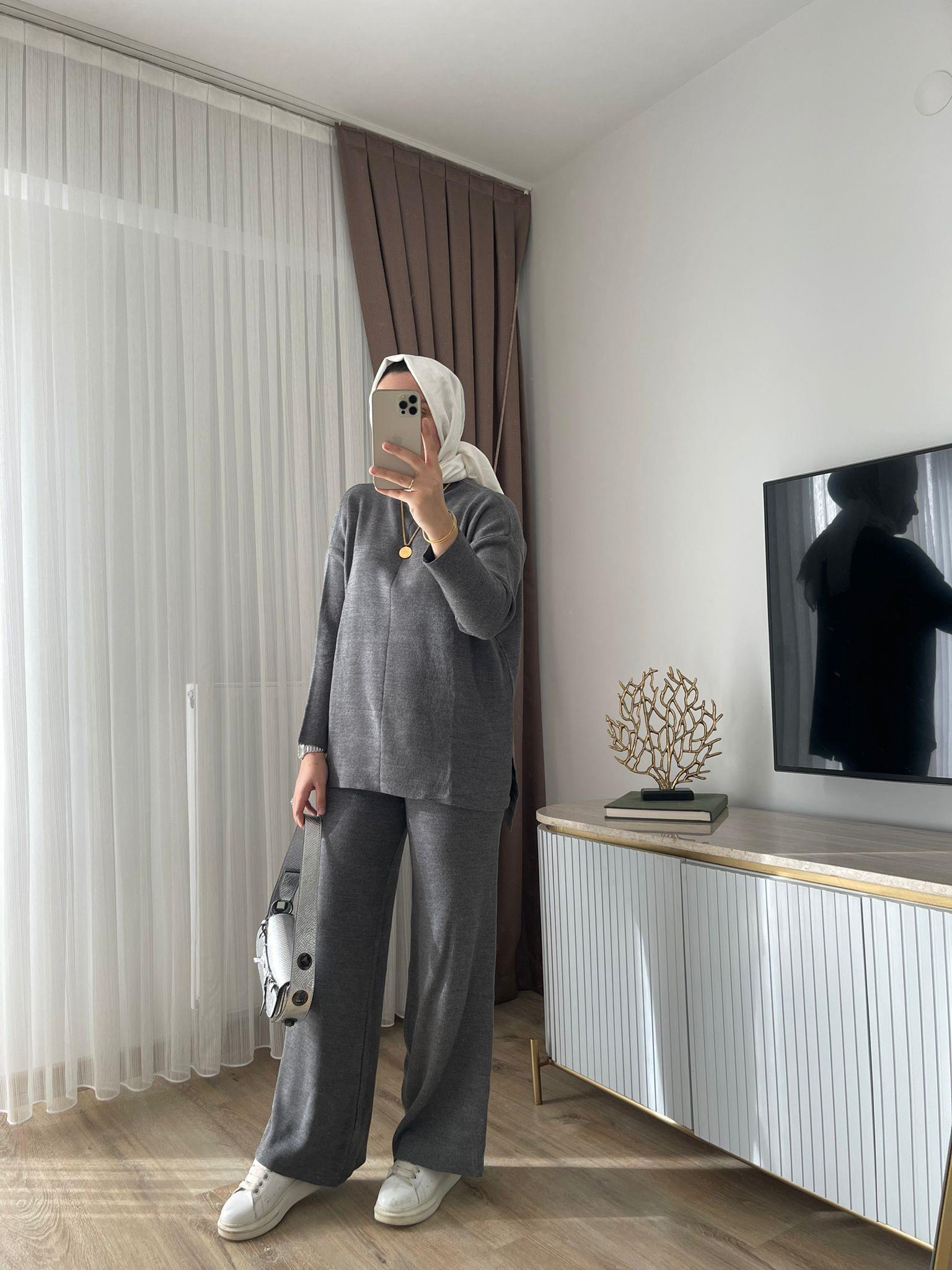 MEYSADESIGN TESETTÜR TRİKO Dik Yaka Triko Takım Antrasit