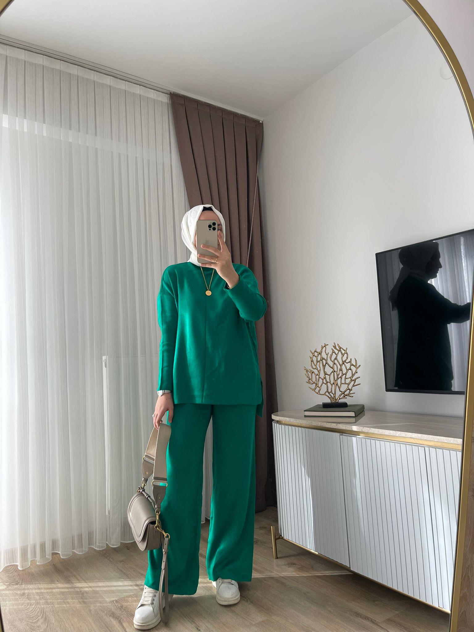 MEYSADESIGN TESETTÜR TRİKO Dik Yaka Triko Takım Benetton Yeşili