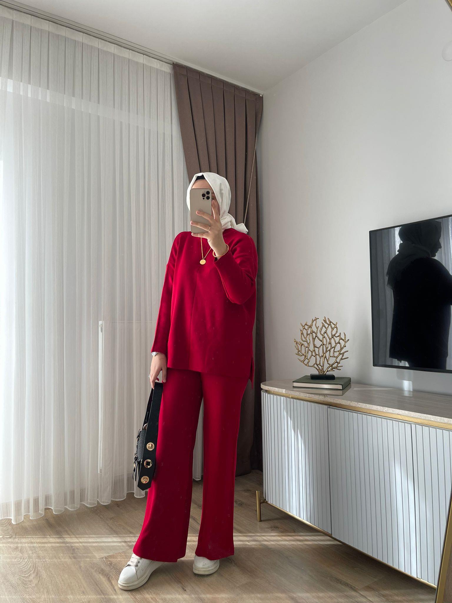 MEYSADESIGN TESETTÜR TRİKO Dik Yaka Triko Takım Kırmızı