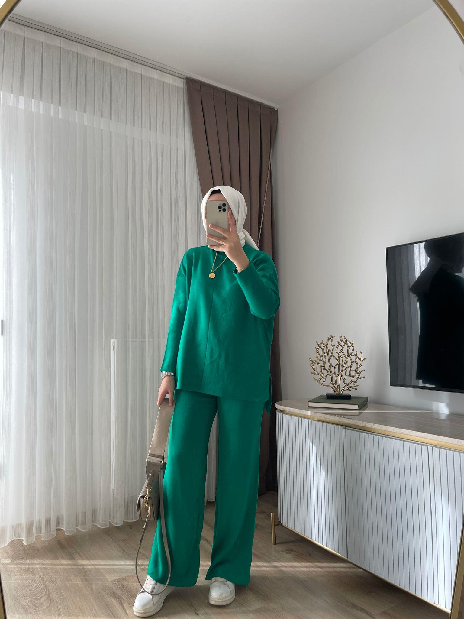 MEYSADESIGN TESETTÜR TRİKO Dik Yaka Triko Takım Benetton Yeşili
