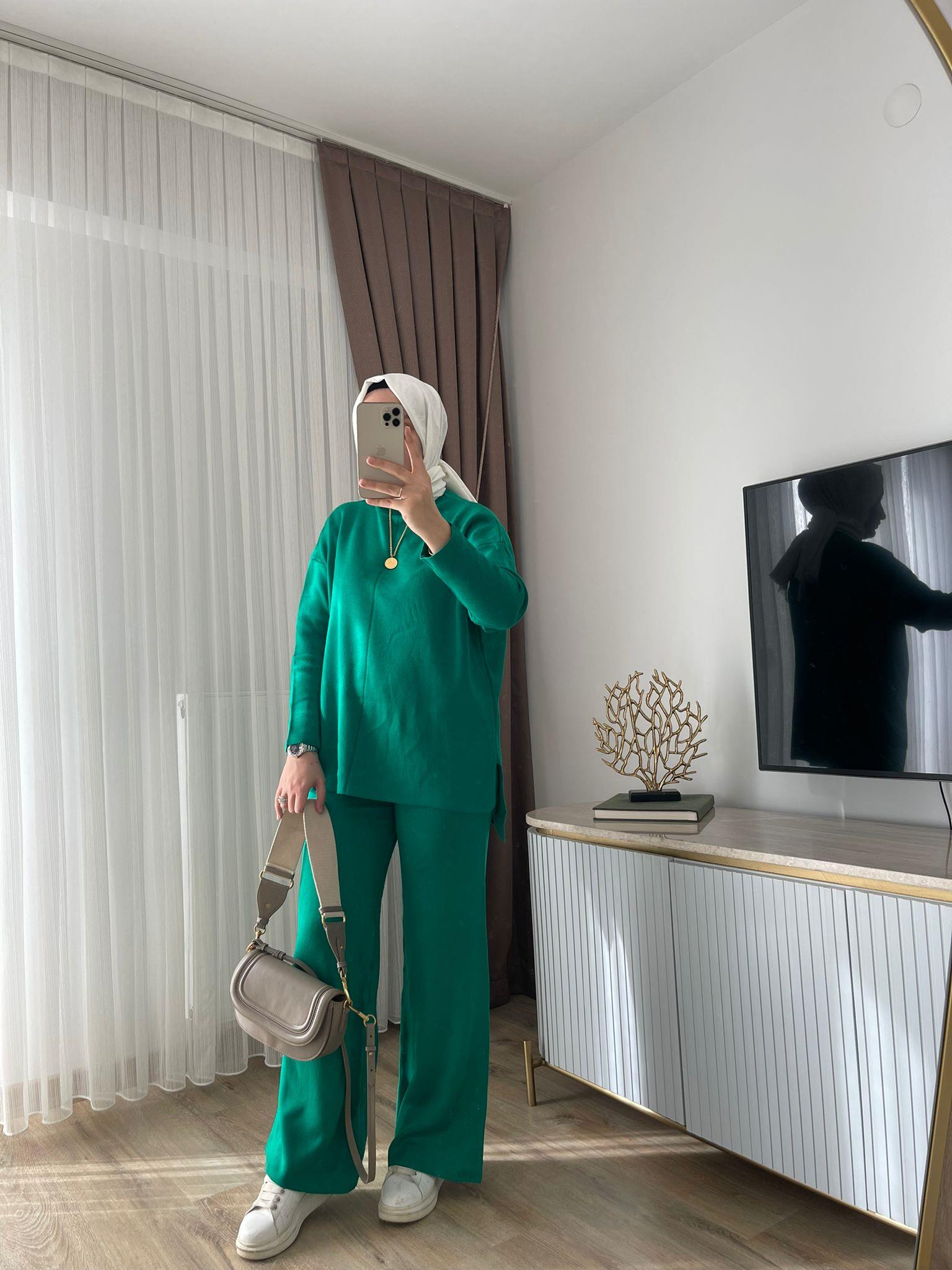 MEYSADESIGN TESETTÜR TRİKO Dik Yaka Triko Takım Benetton Yeşili