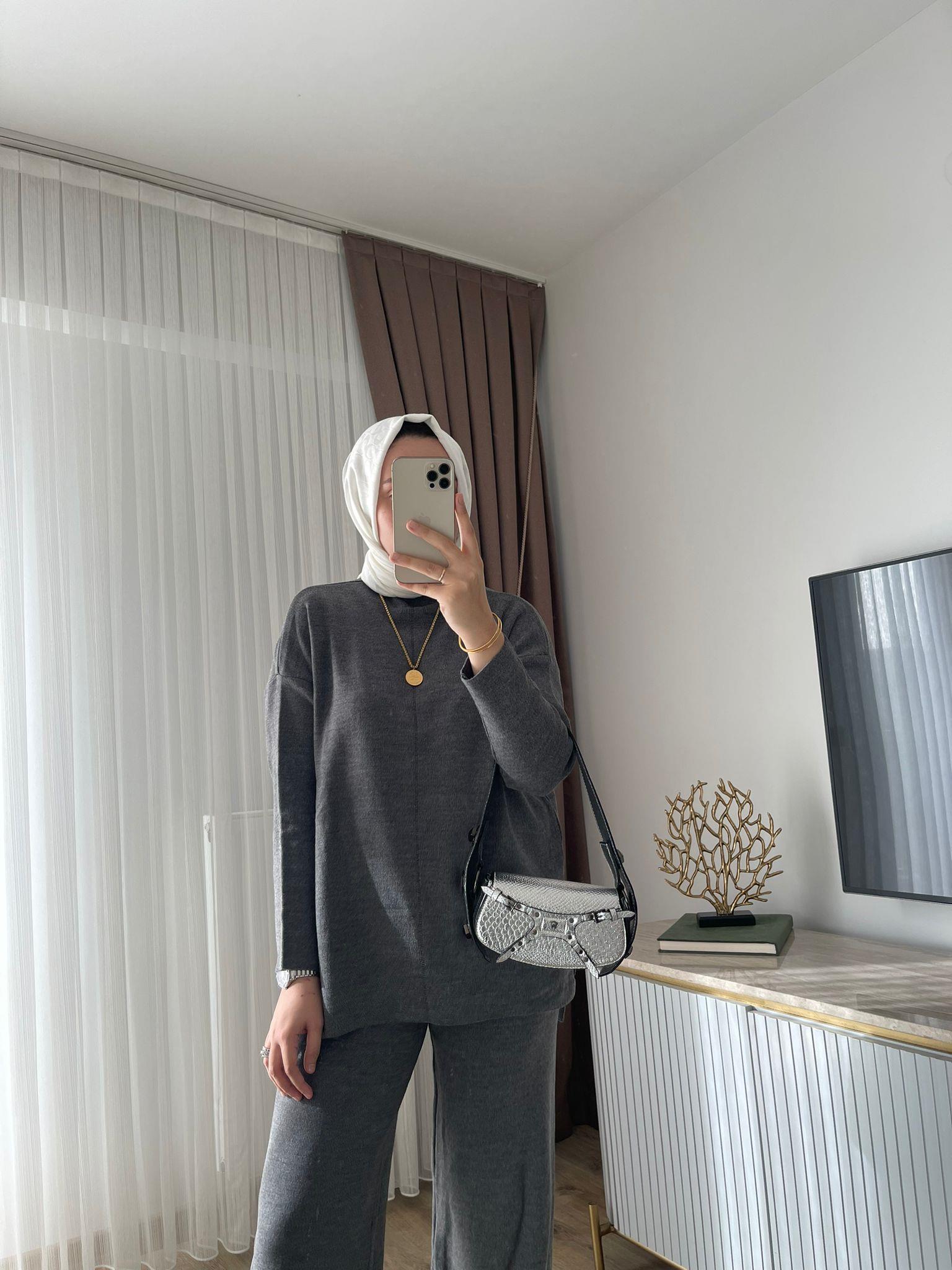 MEYSADESIGN TESETTÜR TRİKO Dik Yaka Triko Takım Antrasit
