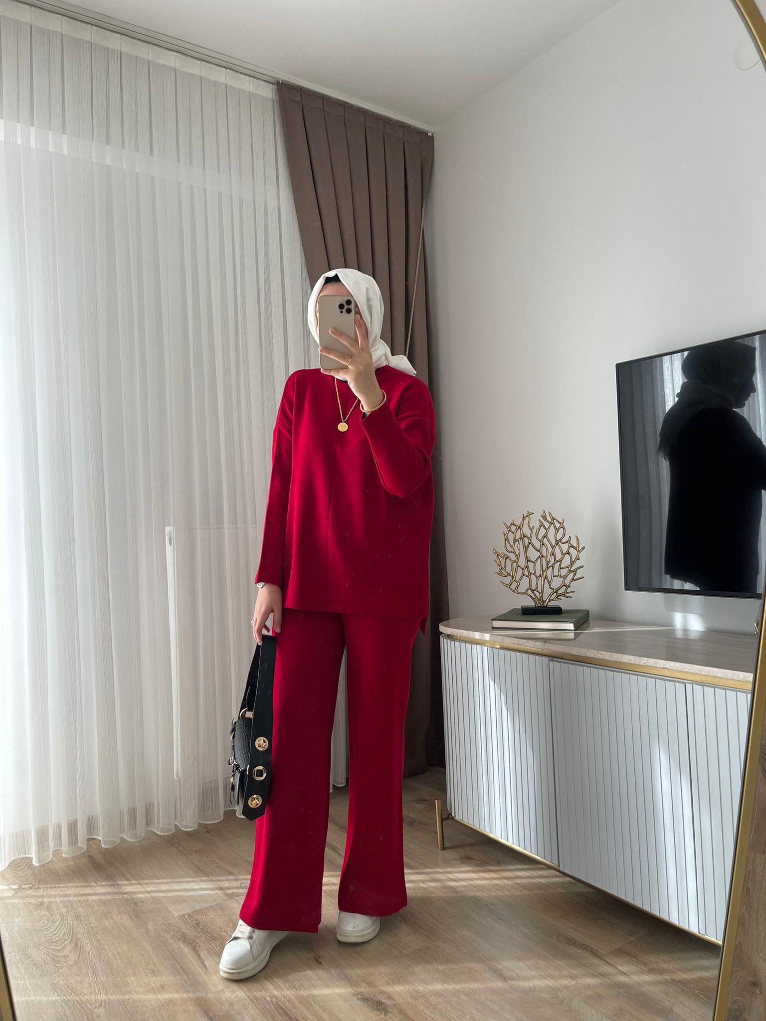 MEYSADESIGN TESETTÜR TRİKO Dik Yaka Triko Takım Kırmızı