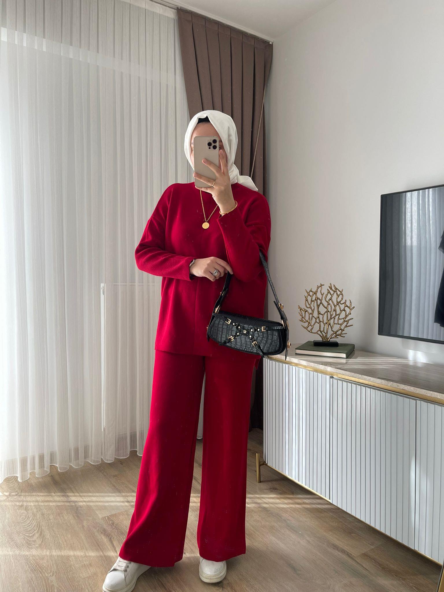 MEYSADESIGN TESETTÜR TRİKO Dik Yaka Triko Takım Kırmızı