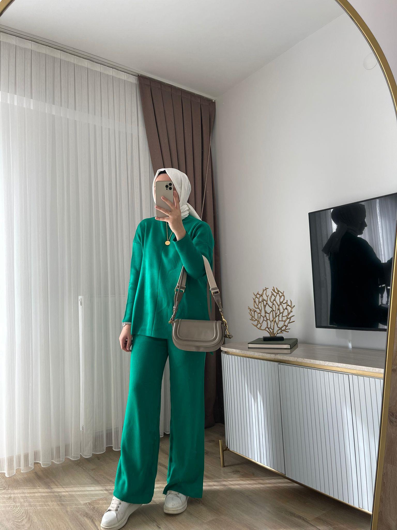 MEYSADESIGN TESETTÜR TRİKO Dik Yaka Triko Takım Benetton Yeşili