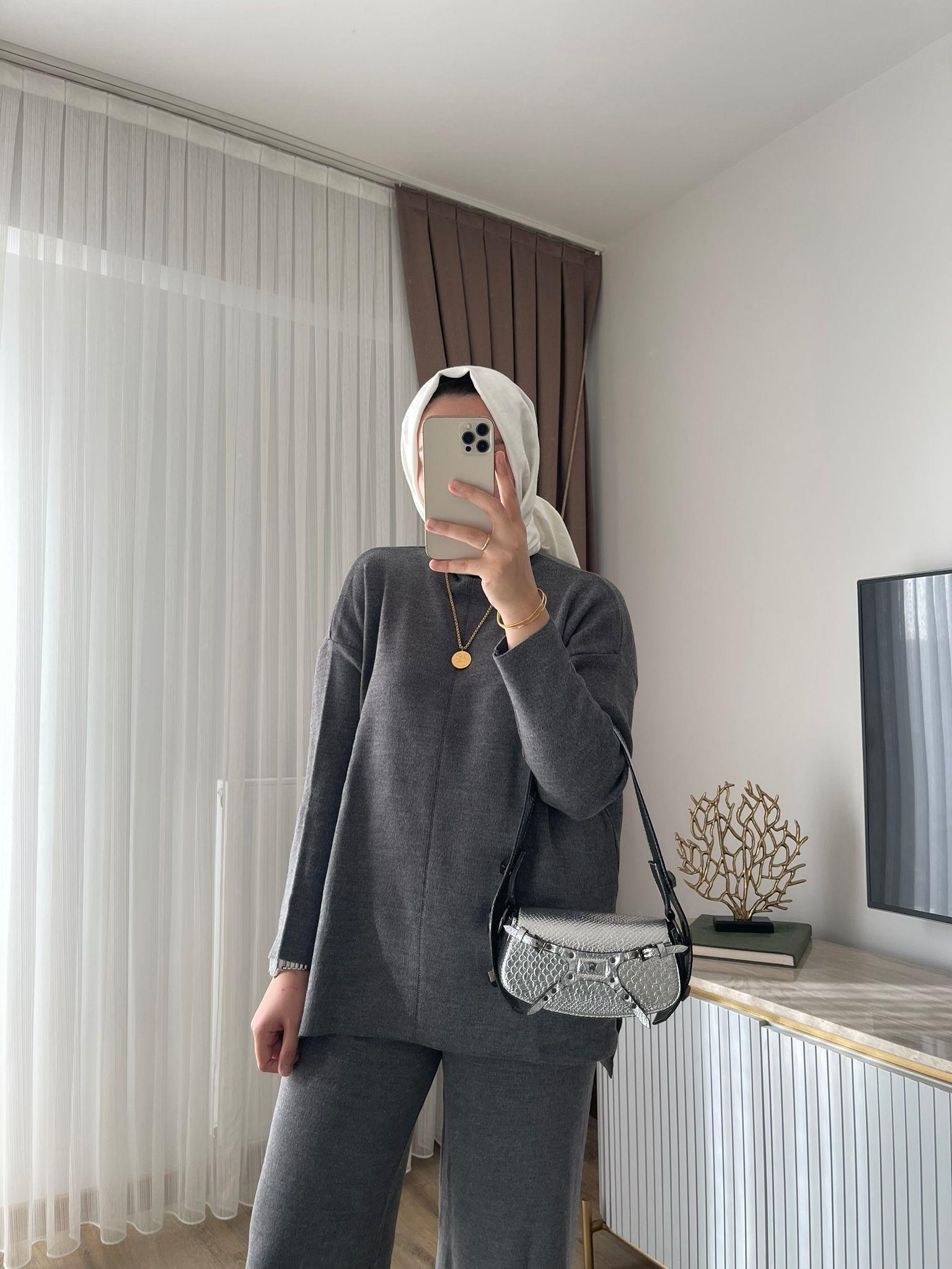 MEYSADESIGN TESETTÜR TRİKO Dik Yaka Triko Takım Antrasit