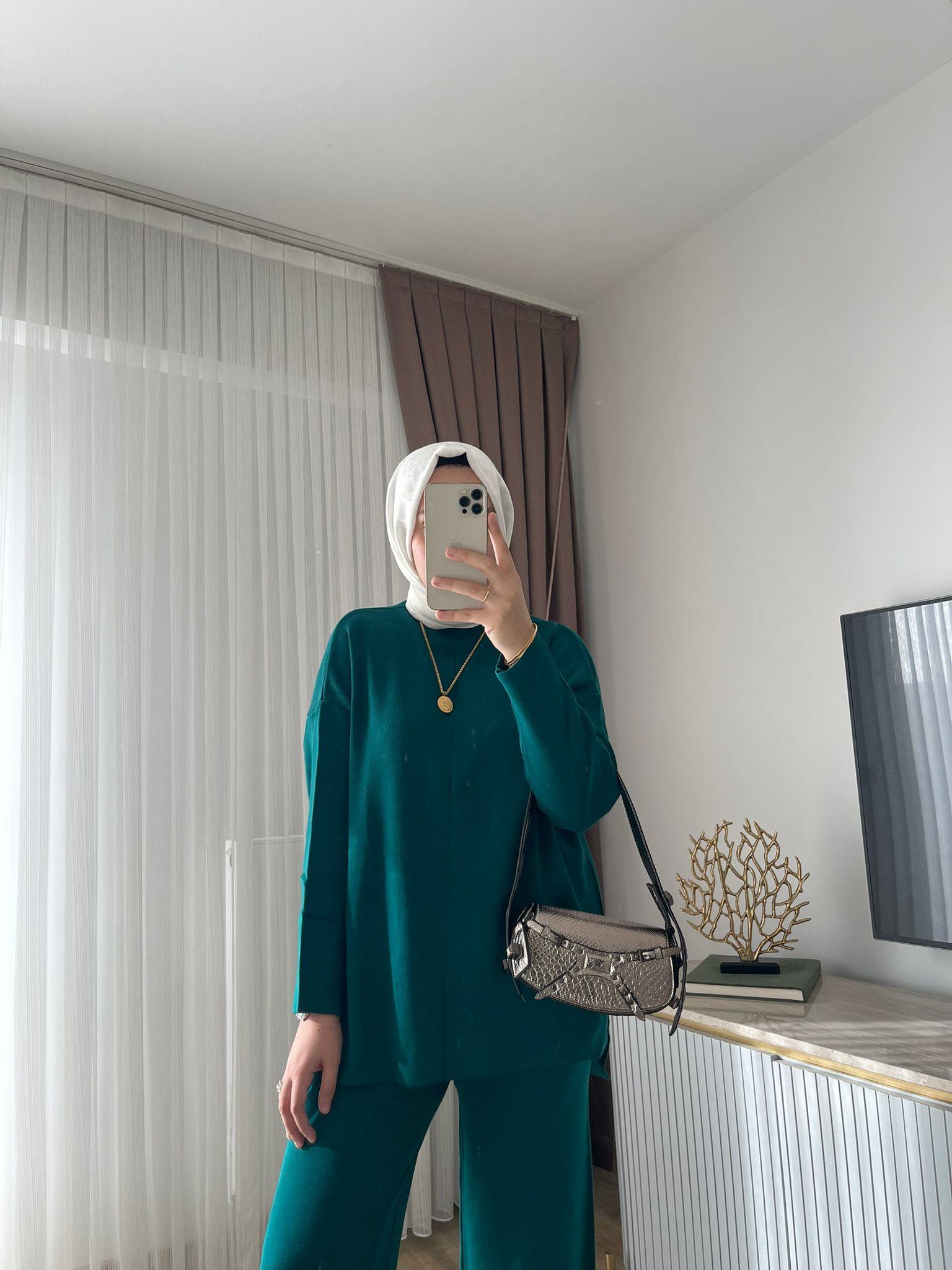 MEYSADESIGN TESETTÜR TRİKO Dik Yaka Triko Takım Zümrüt Yeşili