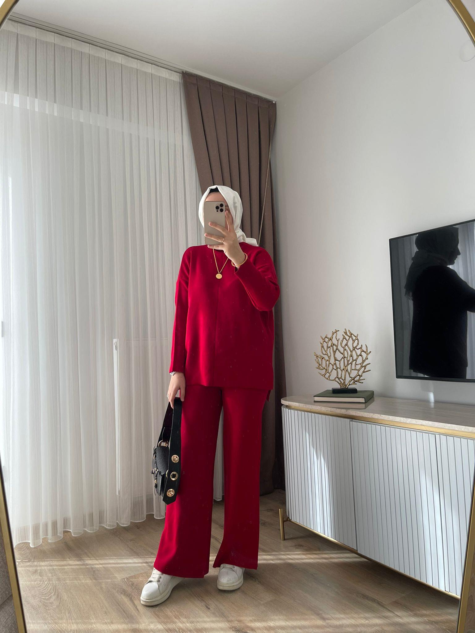 MEYSADESIGN TESETTÜR TRİKO Dik Yaka Triko Takım Kırmızı