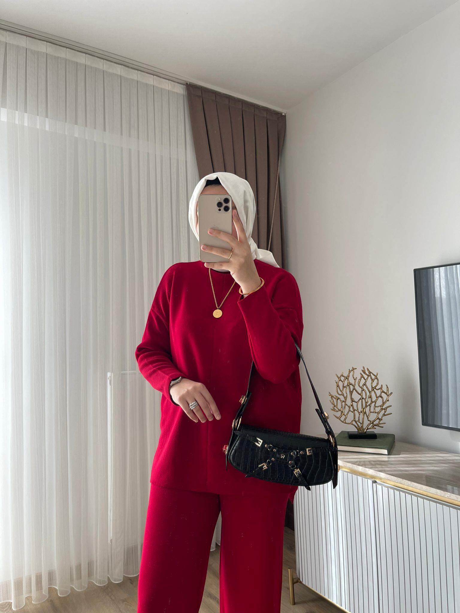 MEYSADESIGN TESETTÜR TRİKO Dik Yaka Triko Takım Kırmızı
