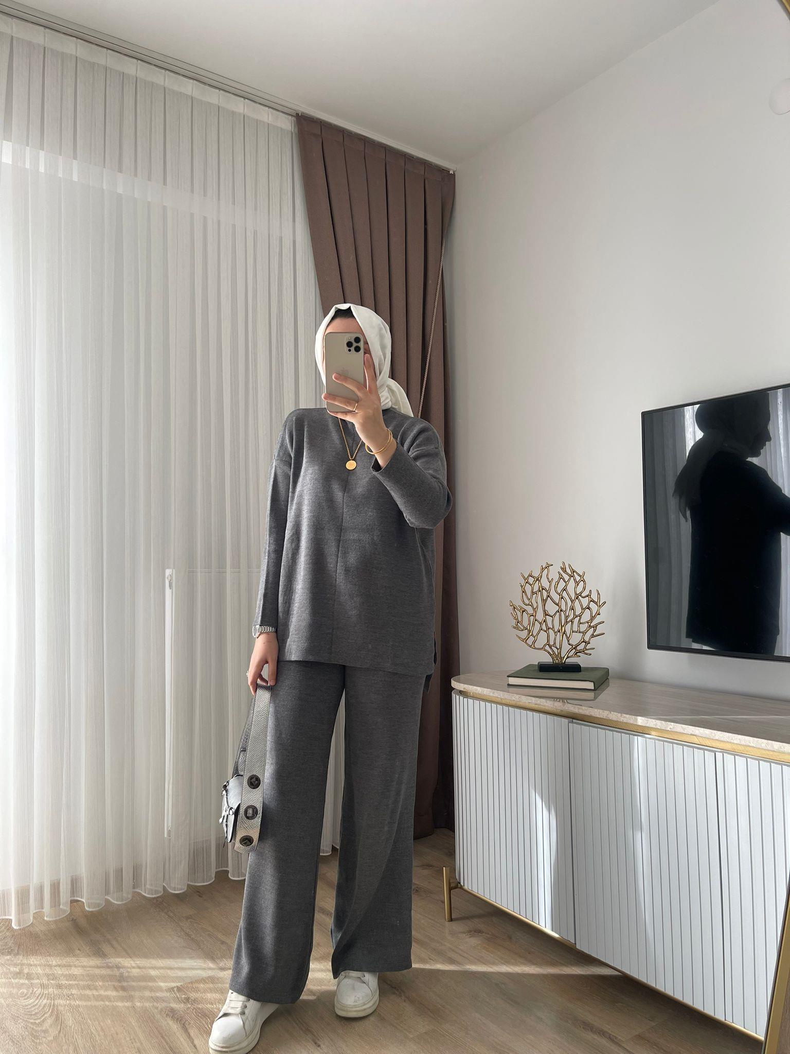 MEYSADESIGN TESETTÜR TRİKO Dik Yaka Triko Takım Antrasit