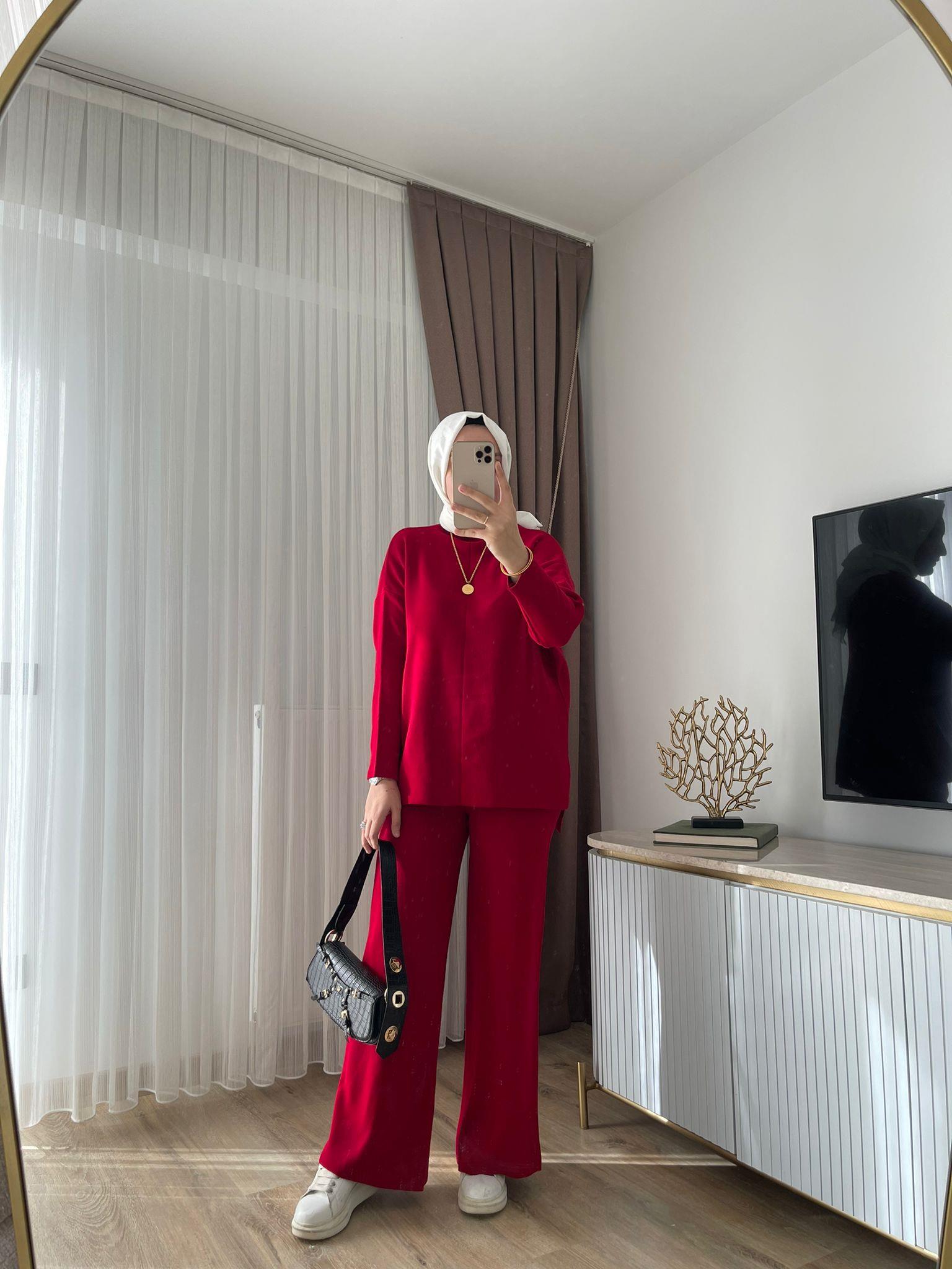 MEYSADESIGN TESETTÜR TRİKO Dik Yaka Triko Takım Kırmızı