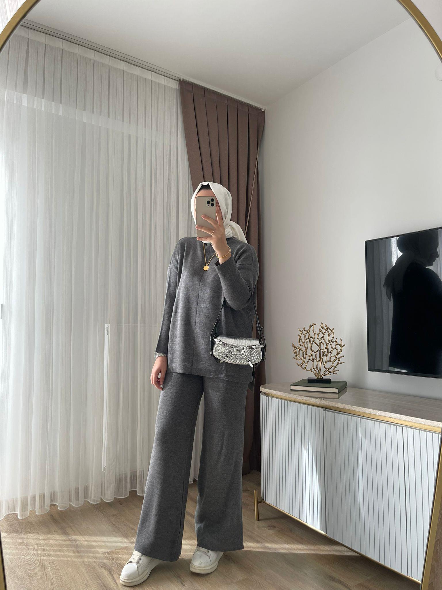 MEYSADESIGN TESETTÜR TRİKO Dik Yaka Triko Takım Antrasit