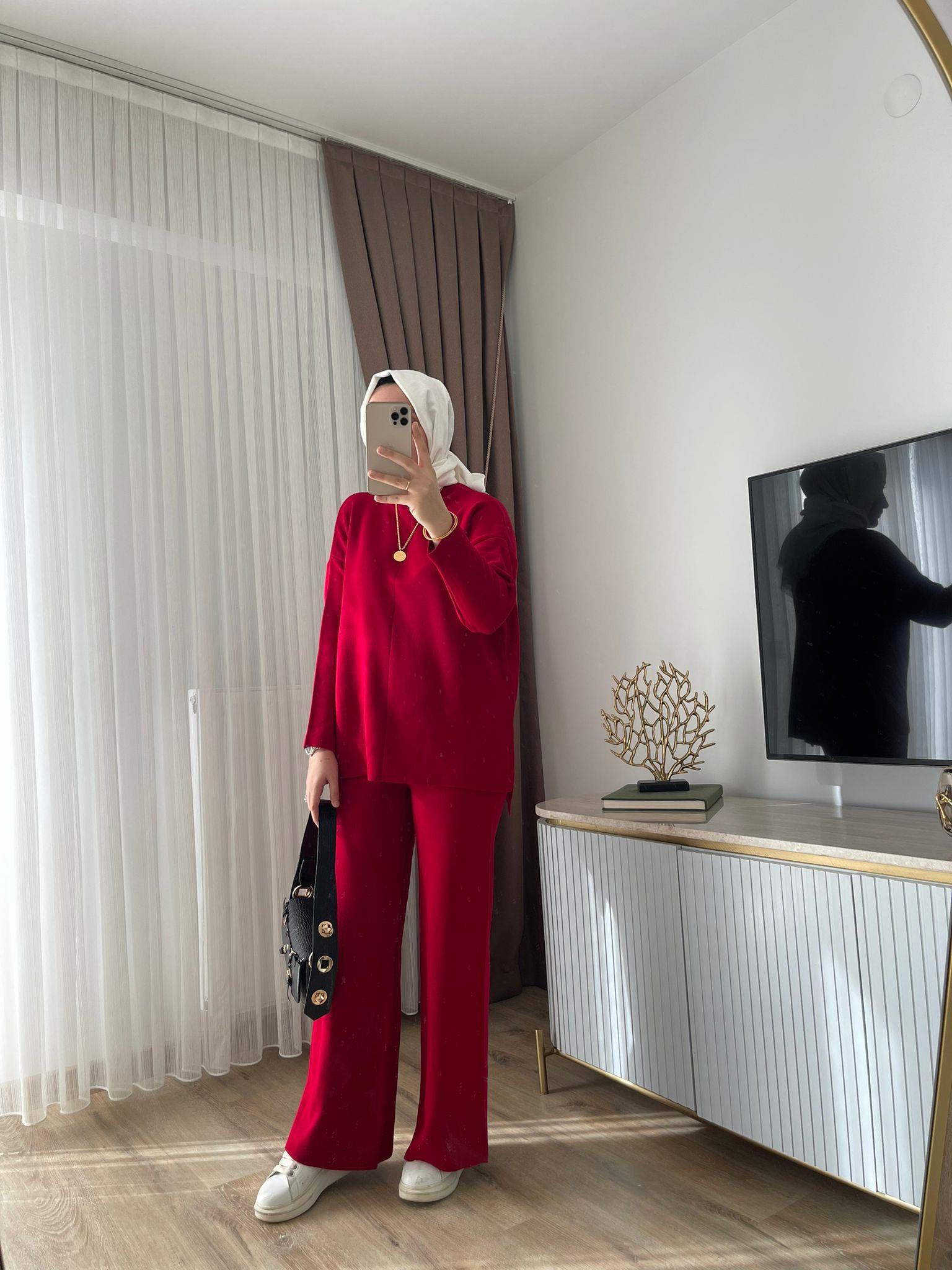 MEYSADESIGN TESETTÜR TRİKO Dik Yaka Triko Takım Kırmızı