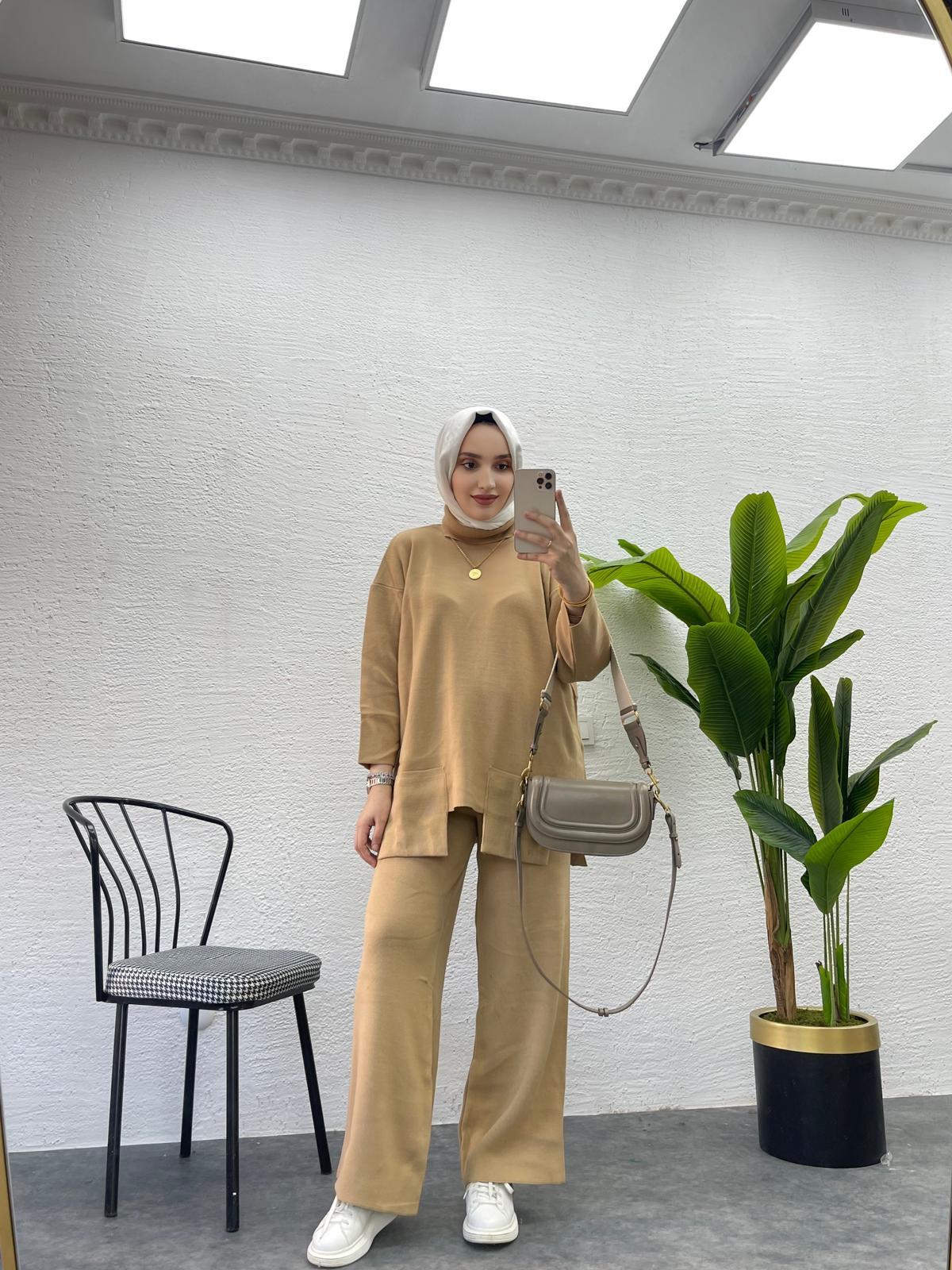 MEYSADESIGN TESETTÜR TRİKO Dıştan Cepli Triko İkili Takım Sütlü Kahve