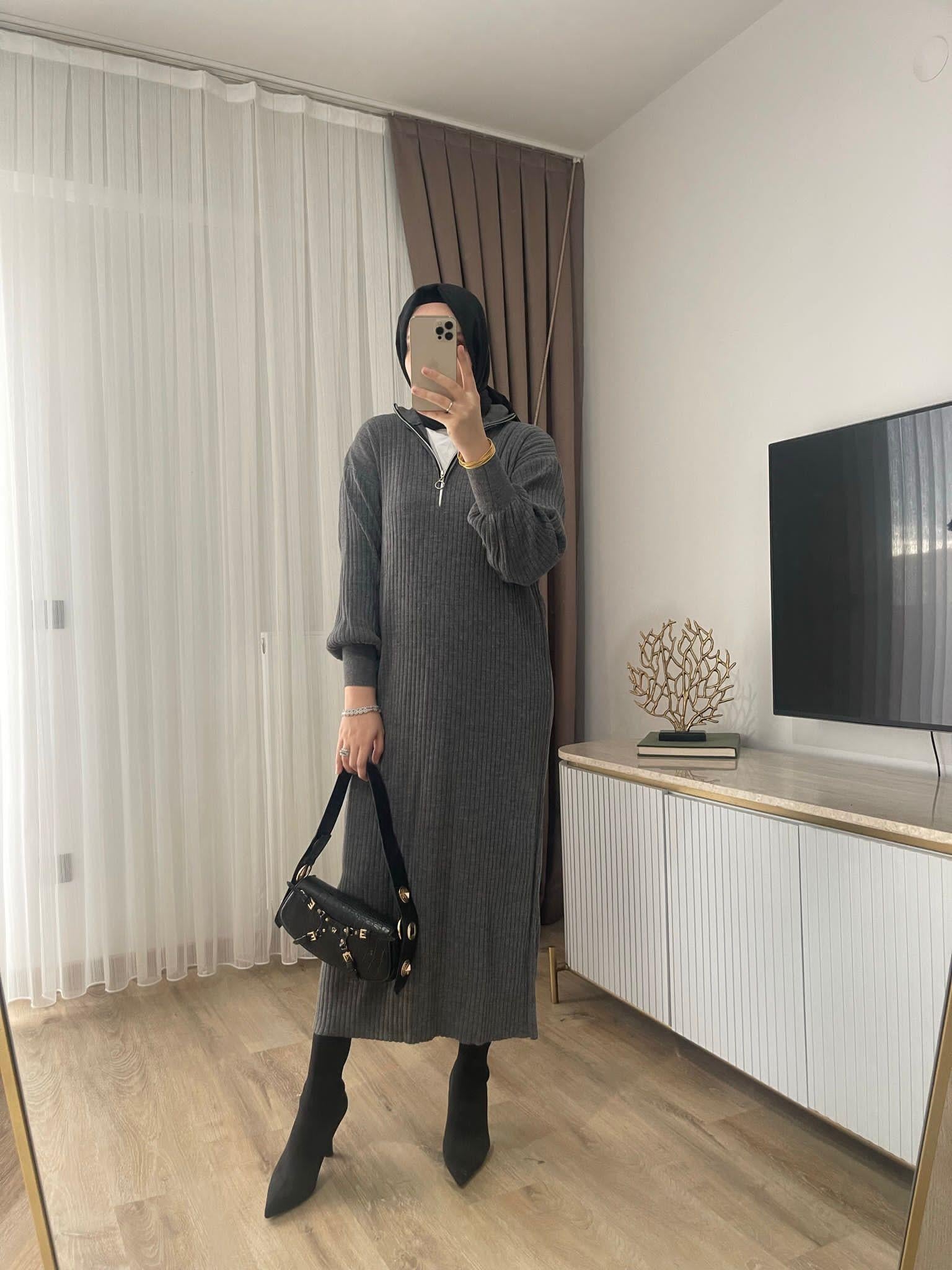 MEYSADESIGN TESETTÜR TRİKO Fitilli Fermuarlı Triko Elbise Antrasit