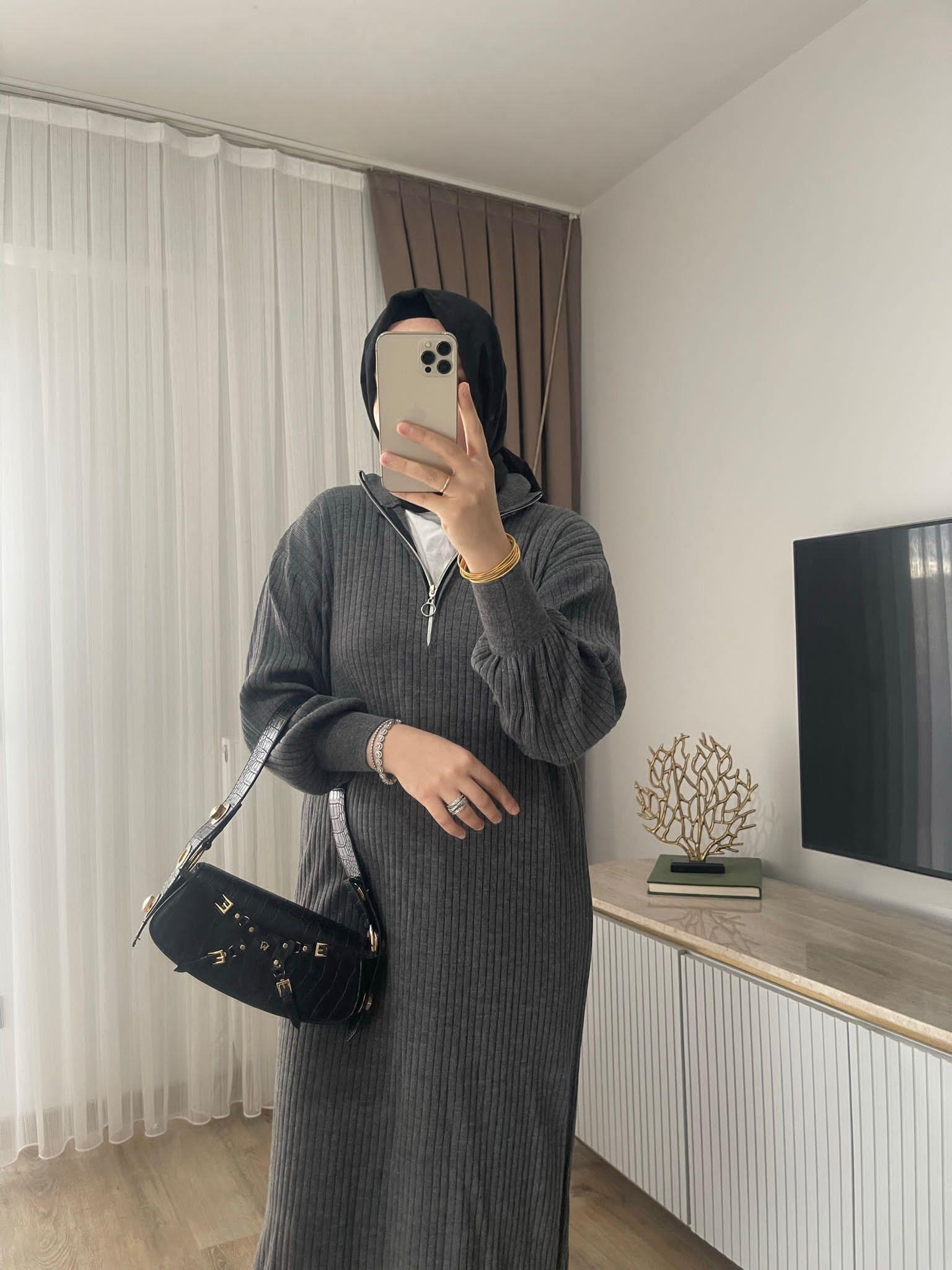 MEYSADESIGN TESETTÜR TRİKO Fitilli Fermuarlı Triko Elbise Antrasit