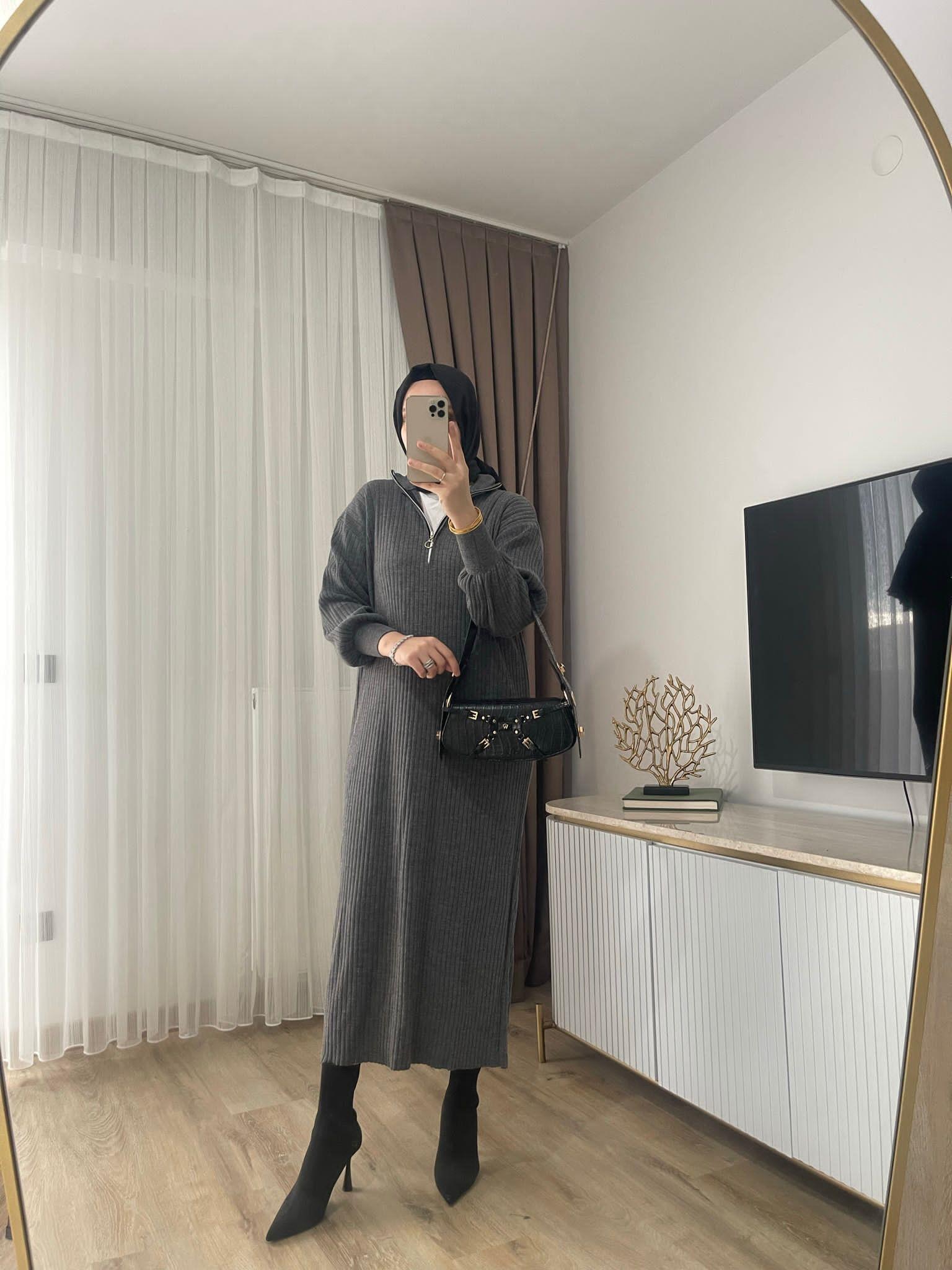 MEYSADESIGN TESETTÜR TRİKO Fitilli Fermuarlı Triko Elbise Antrasit