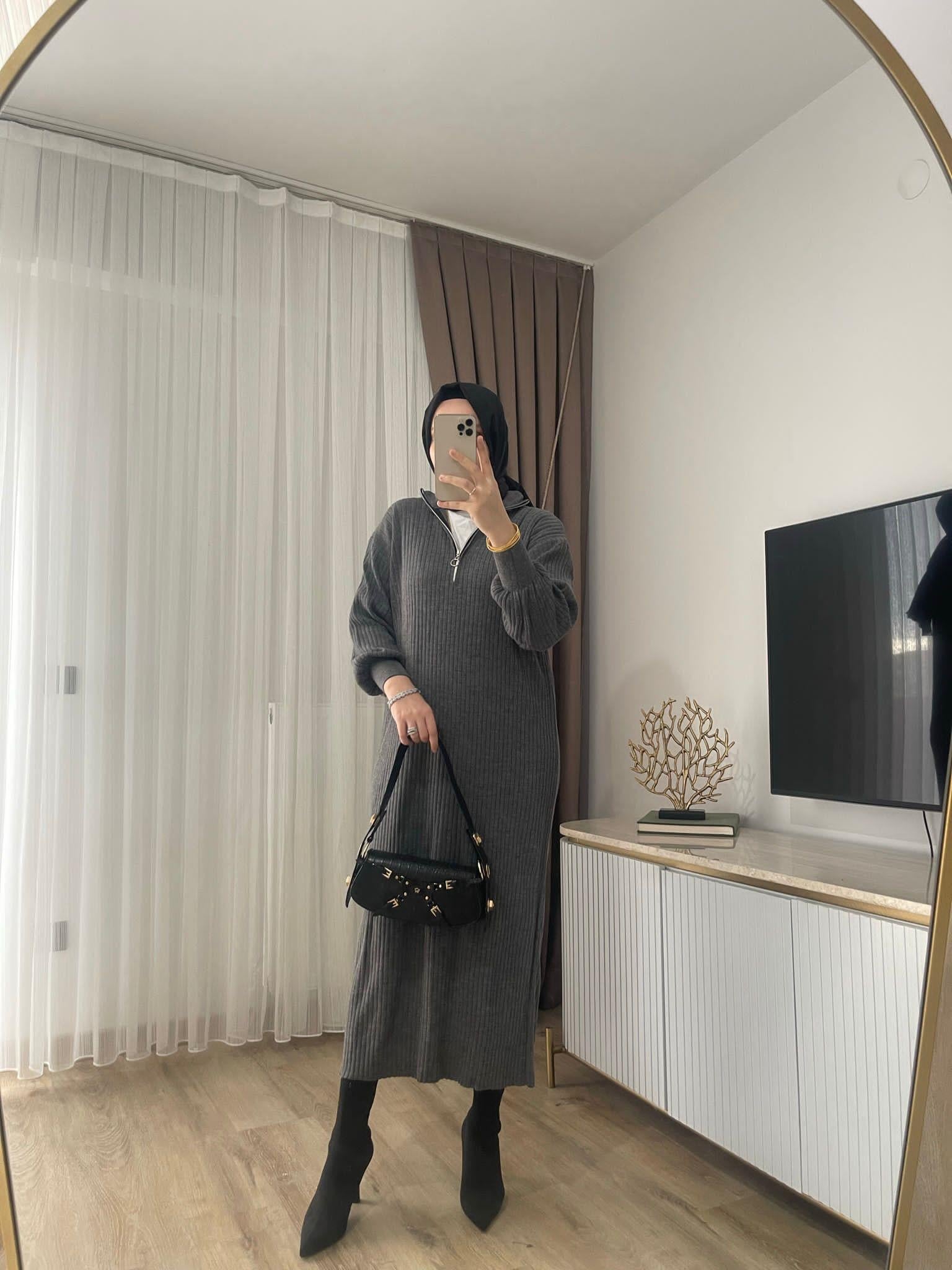 MEYSADESIGN TESETTÜR TRİKO Fitilli Fermuarlı Triko Elbise Antrasit