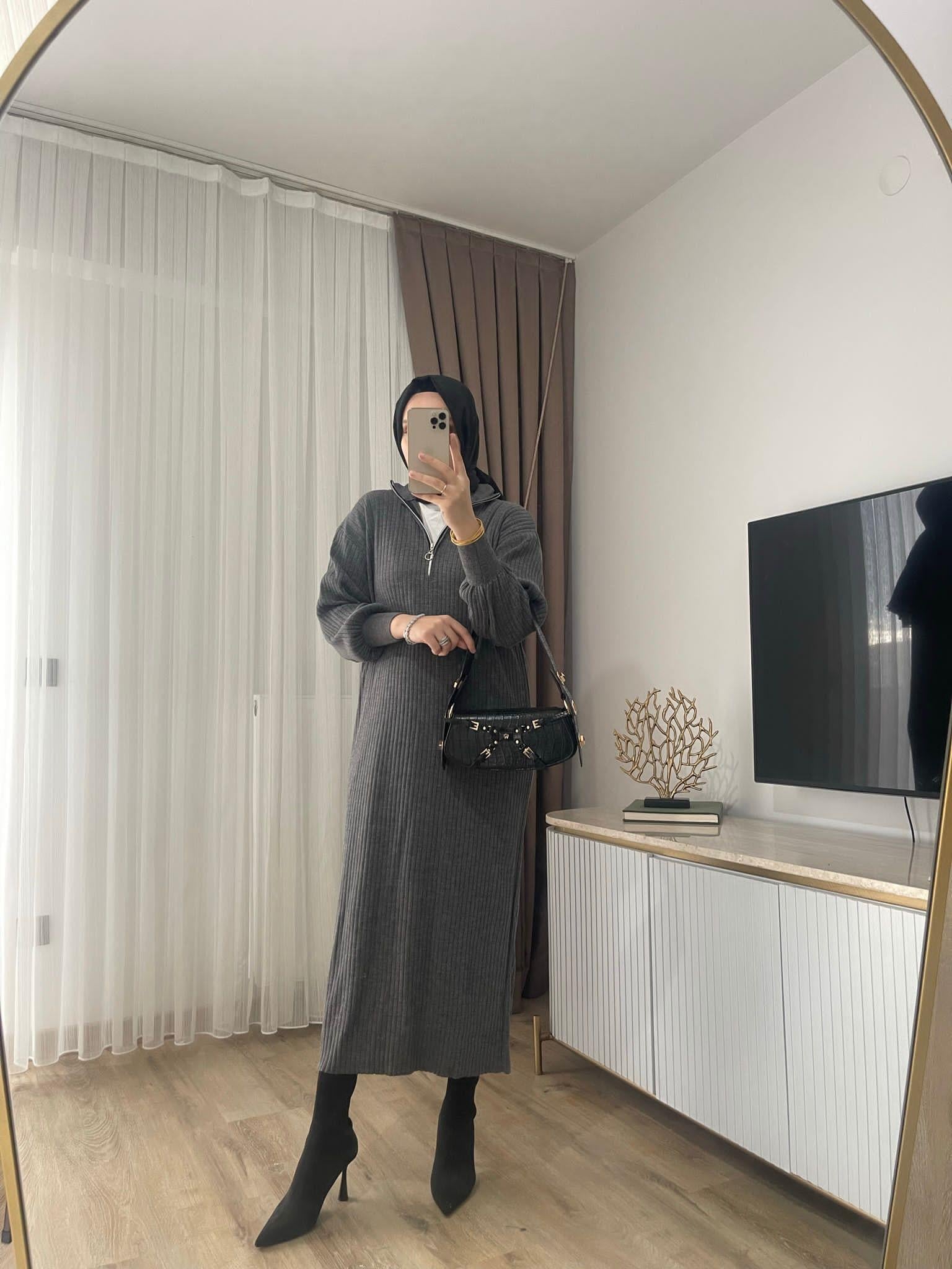 MEYSADESIGN TESETTÜR TRİKO Fitilli Fermuarlı Triko Elbise Antrasit