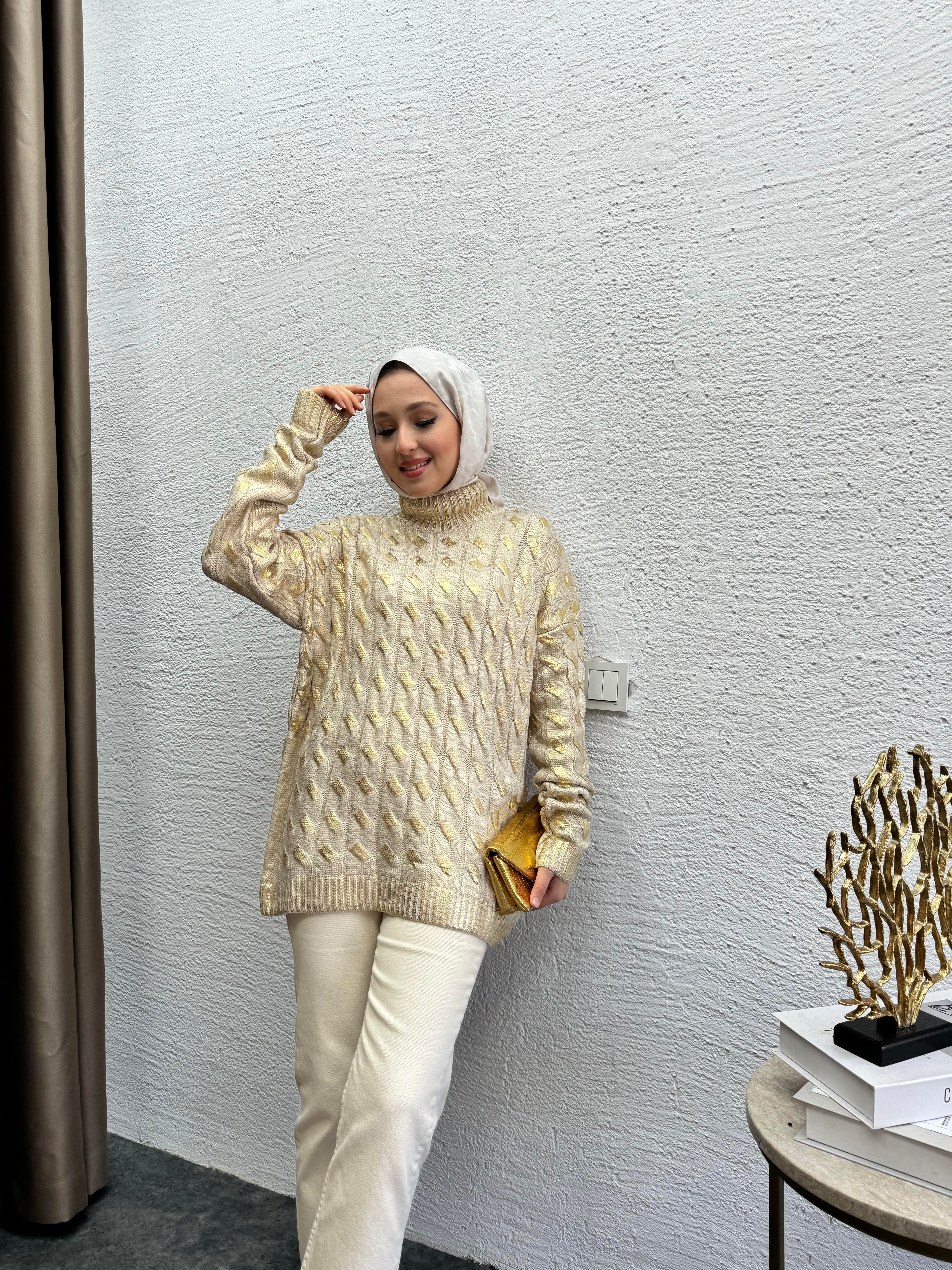 MEYSADESIGN TESETTÜR TRİKO Örgü Desen Gold Kazak 