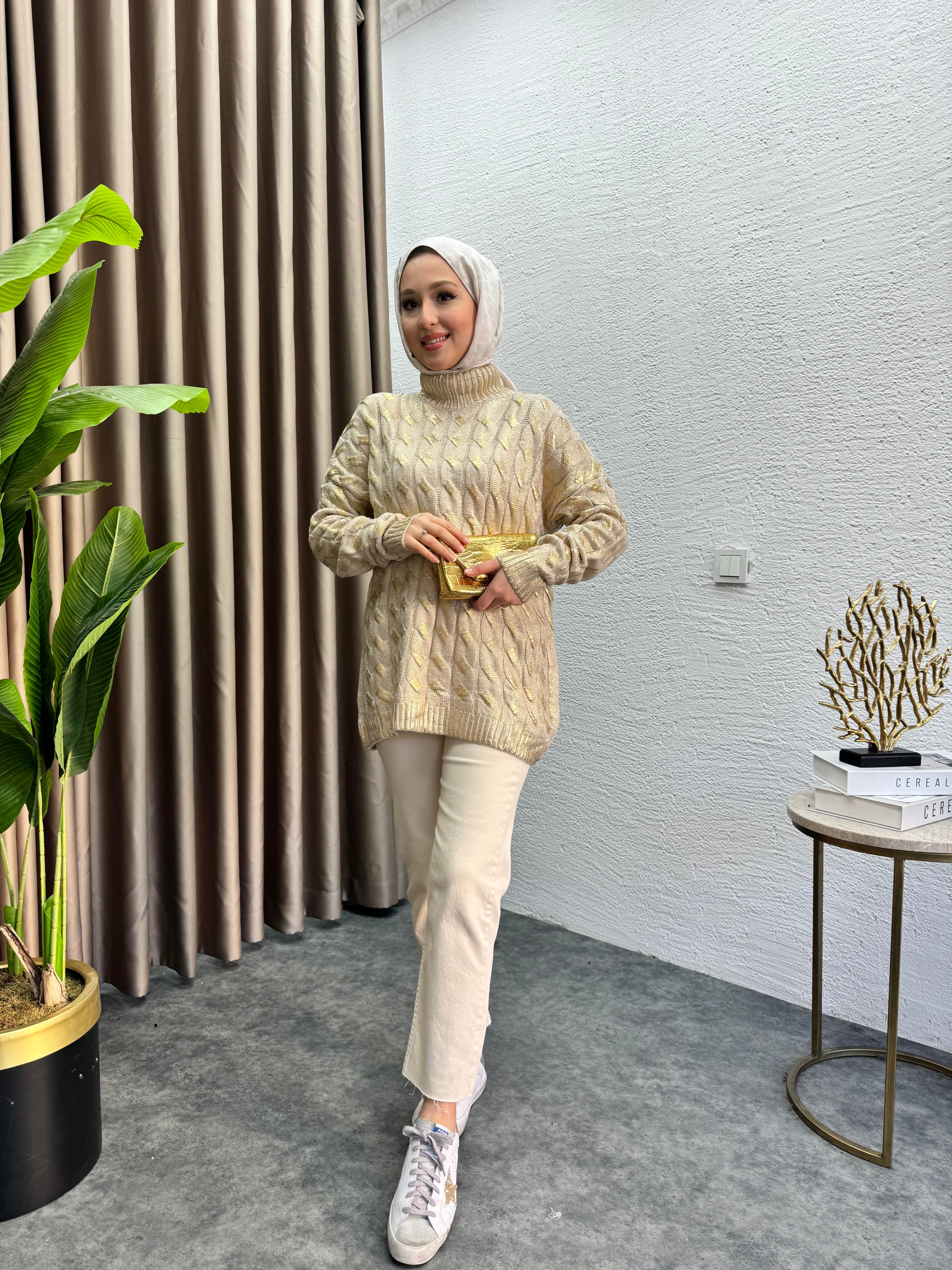 MEYSADESIGN TESETTÜR TRİKO Örgü Desen Gold Kazak 