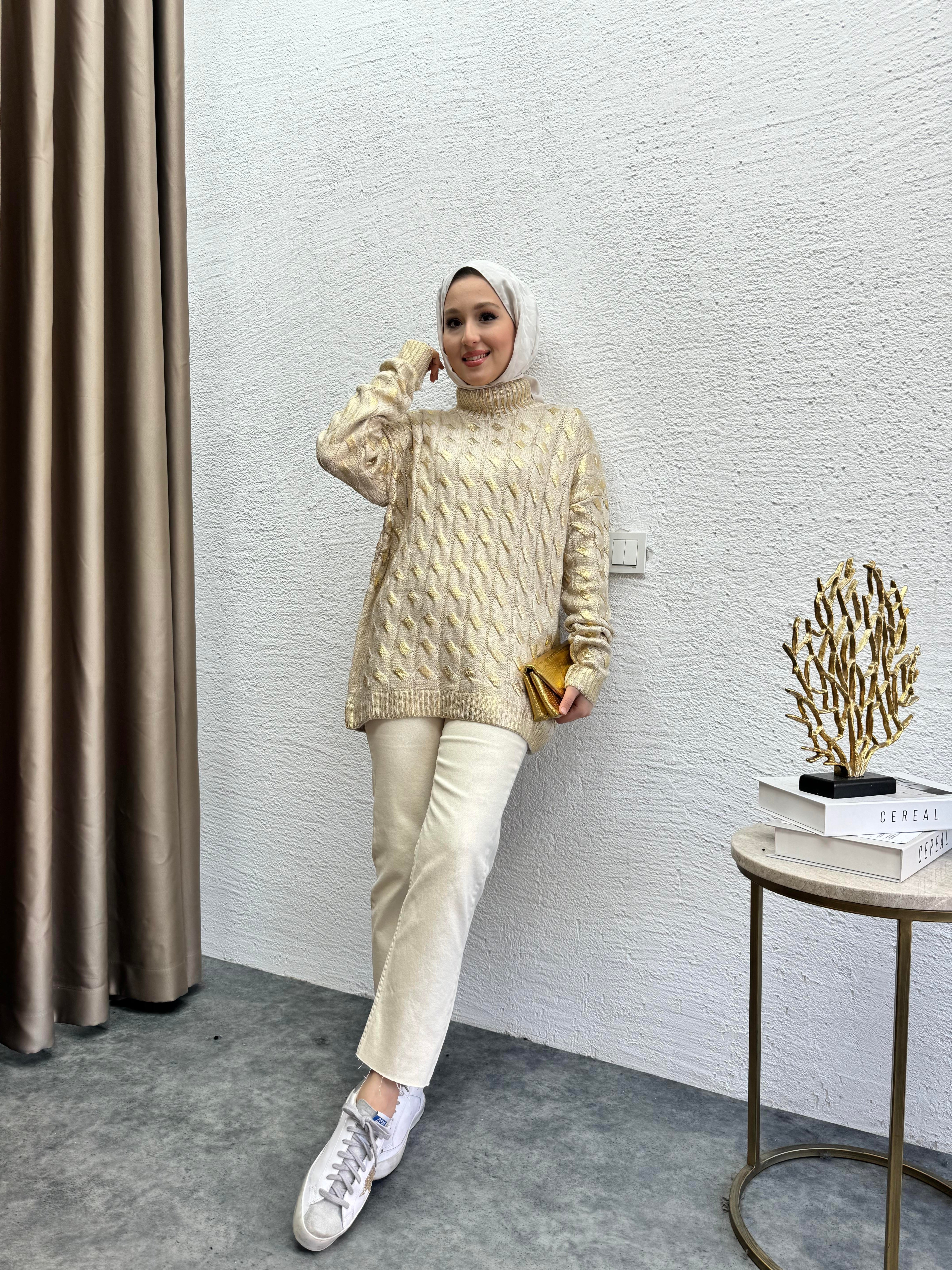 MEYSADESIGN TESETTÜR TRİKO Örgü Desen Gold Kazak 
