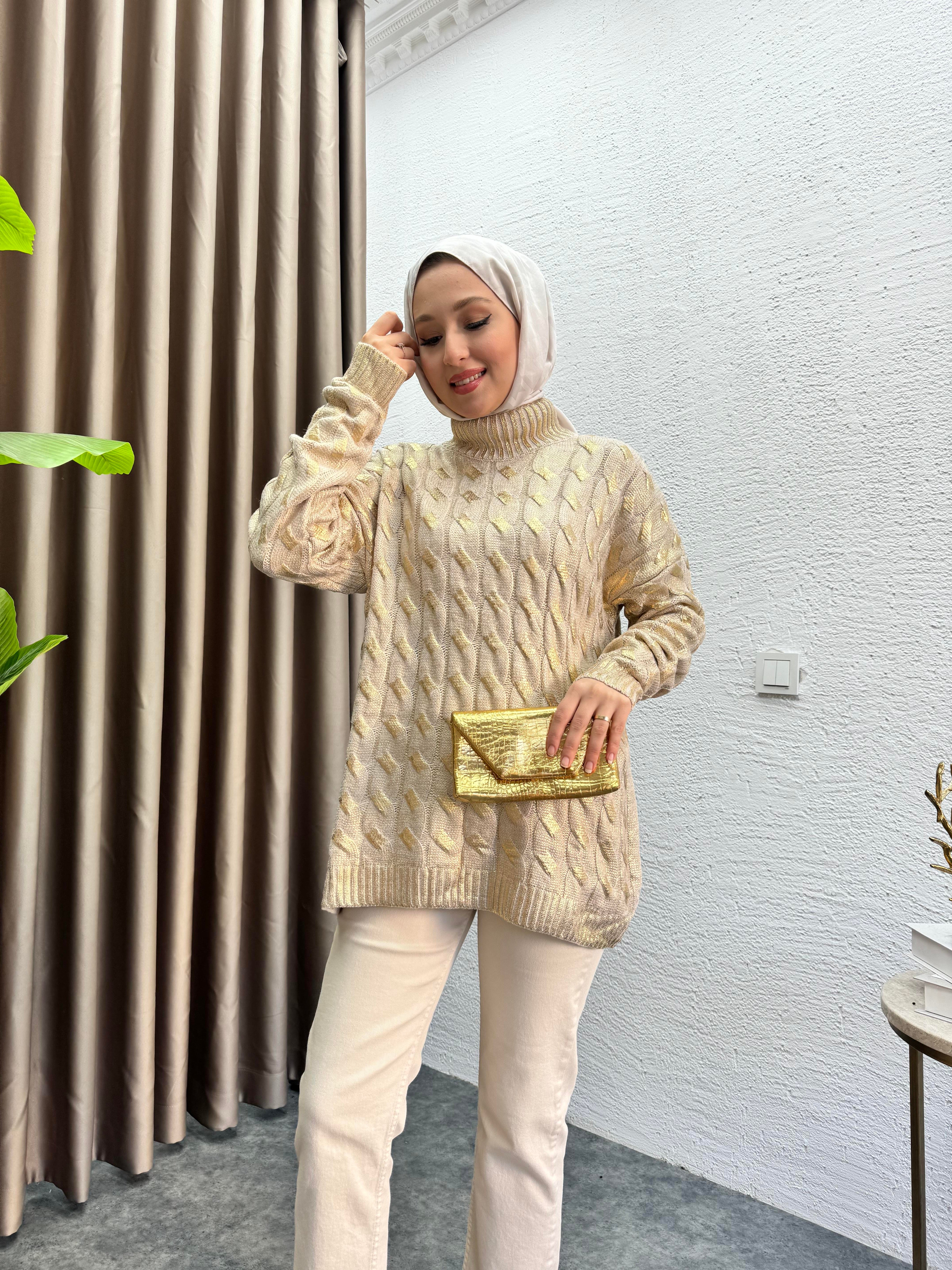 MEYSADESIGN TESETTÜR TRİKO Örgü Desen Gold Kazak 