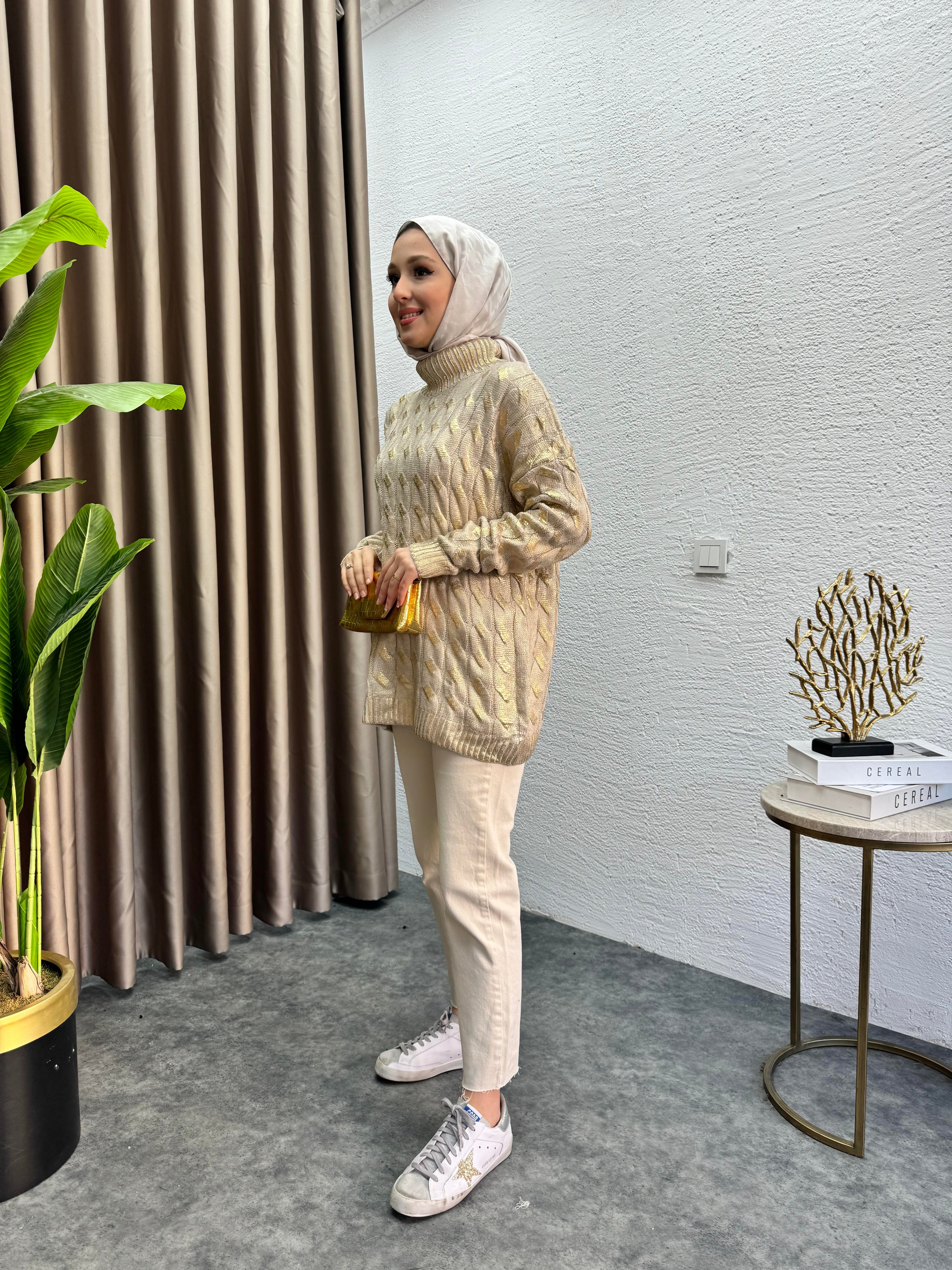 MEYSADESIGN TESETTÜR TRİKO Örgü Desen Gold Kazak 