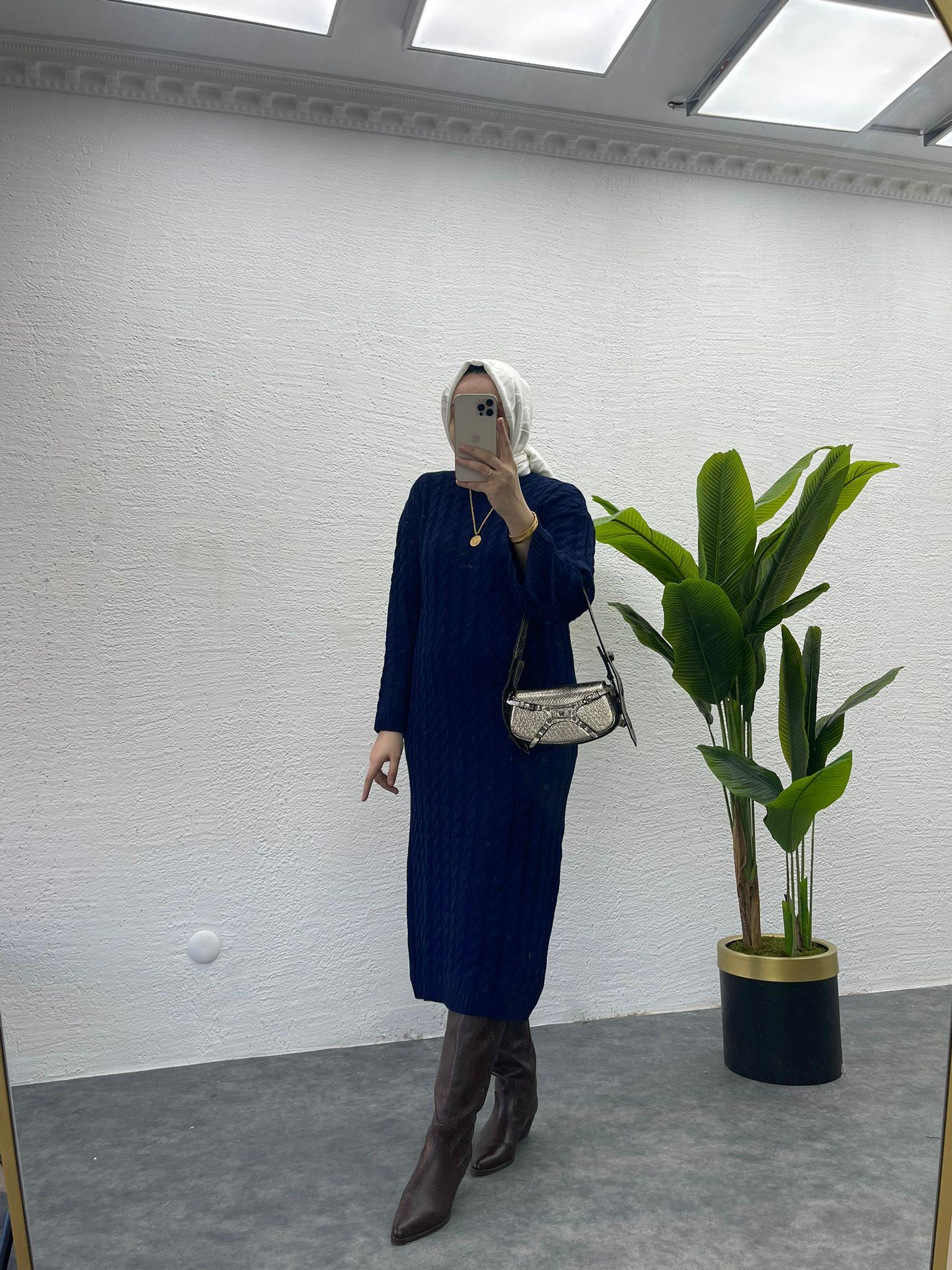 MEYSADESIGN TESETTÜR TRİKO Saç Örgü Triko Elbise Lacivert