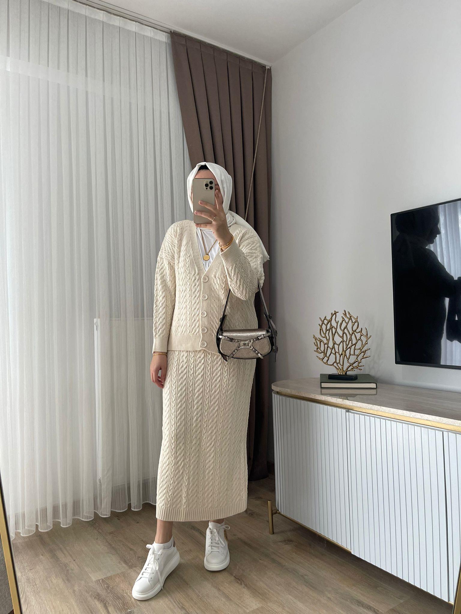 MEYSADESIGN TESETTÜR TRİKO Saç Örgü Triko Etekli Takım Bej