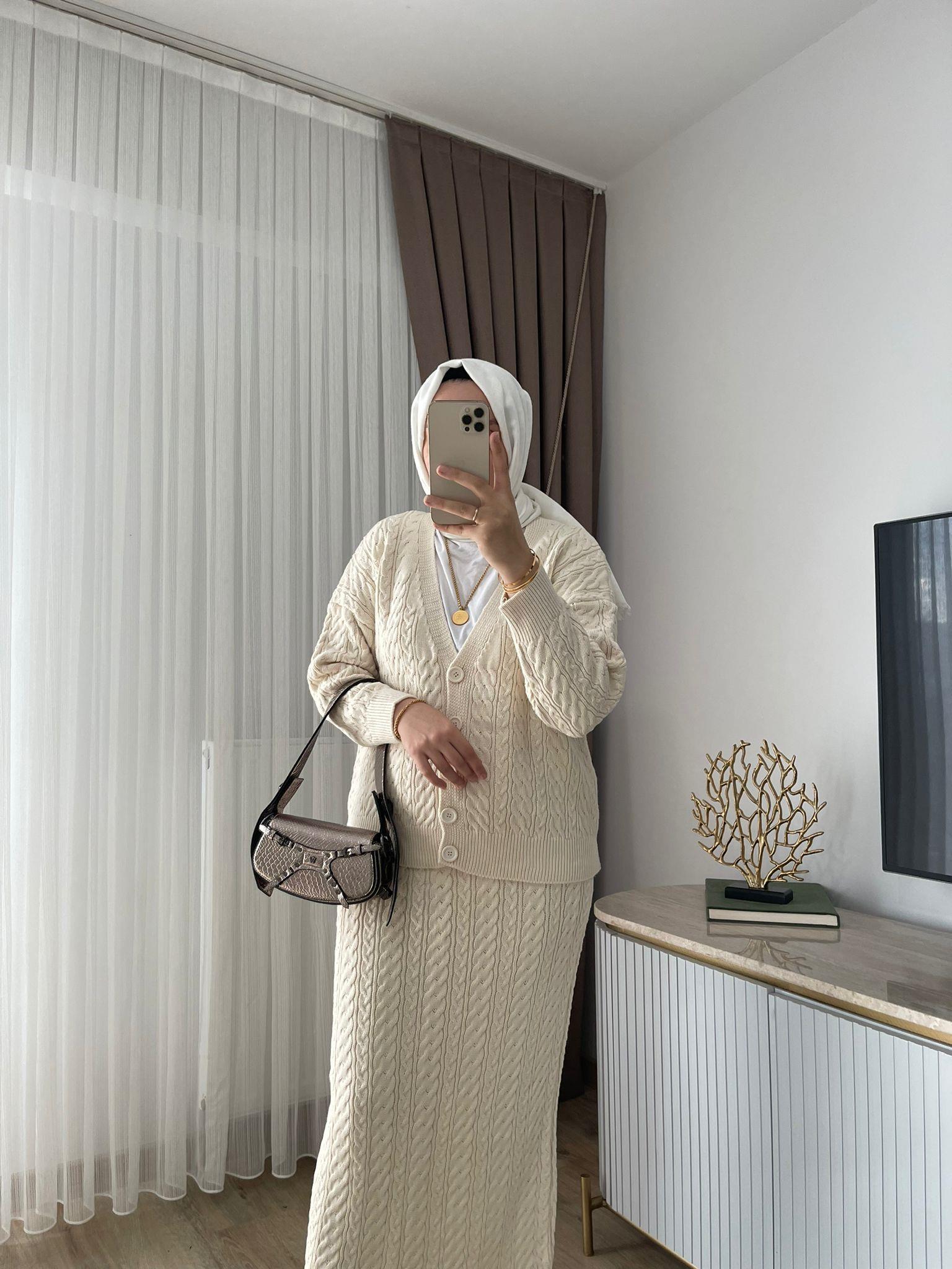 MEYSADESIGN TESETTÜR TRİKO Saç Örgü Triko Etekli Takım Bej