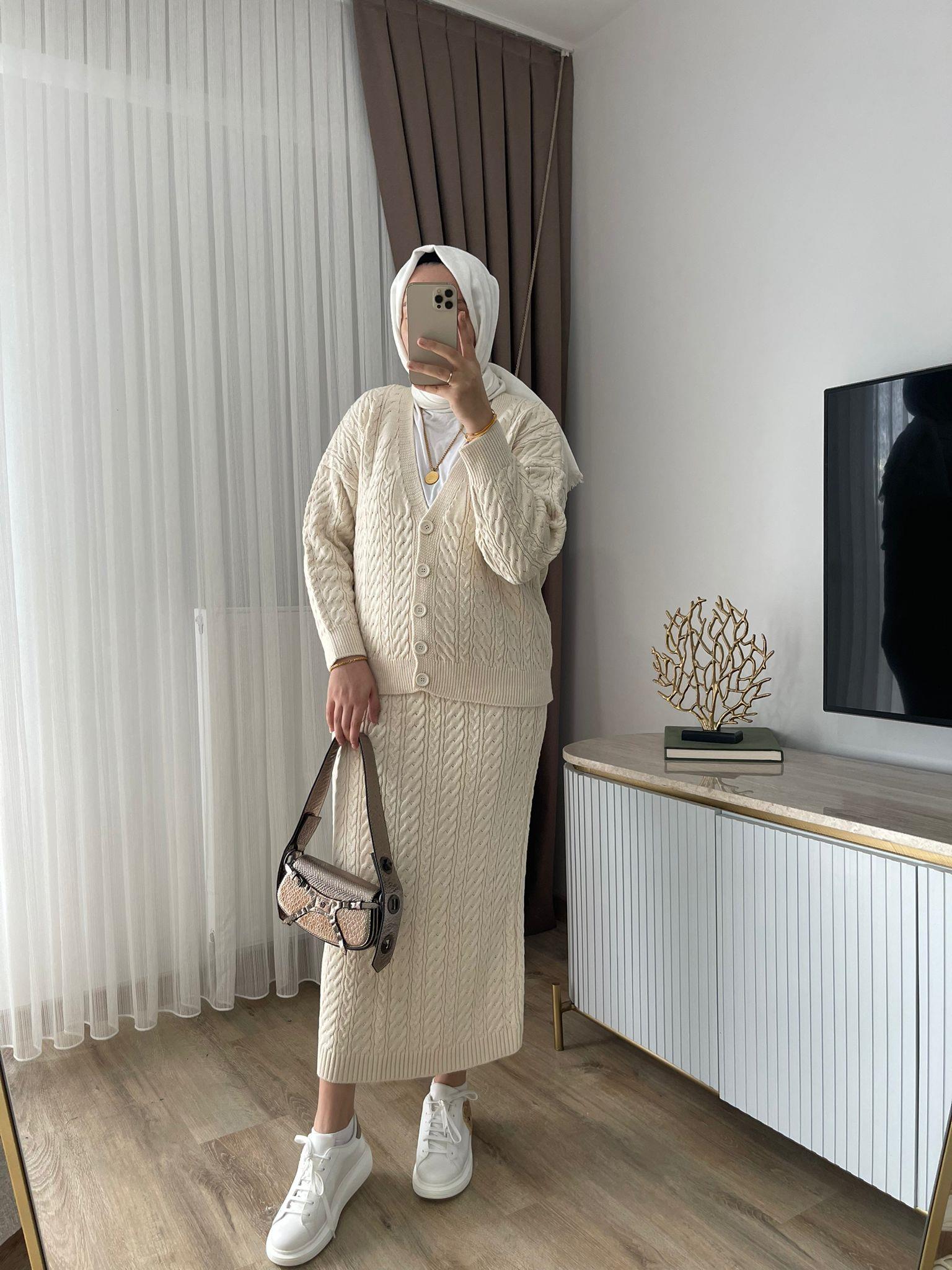 MEYSADESIGN TESETTÜR TRİKO Saç Örgü Triko Etekli Takım Bej