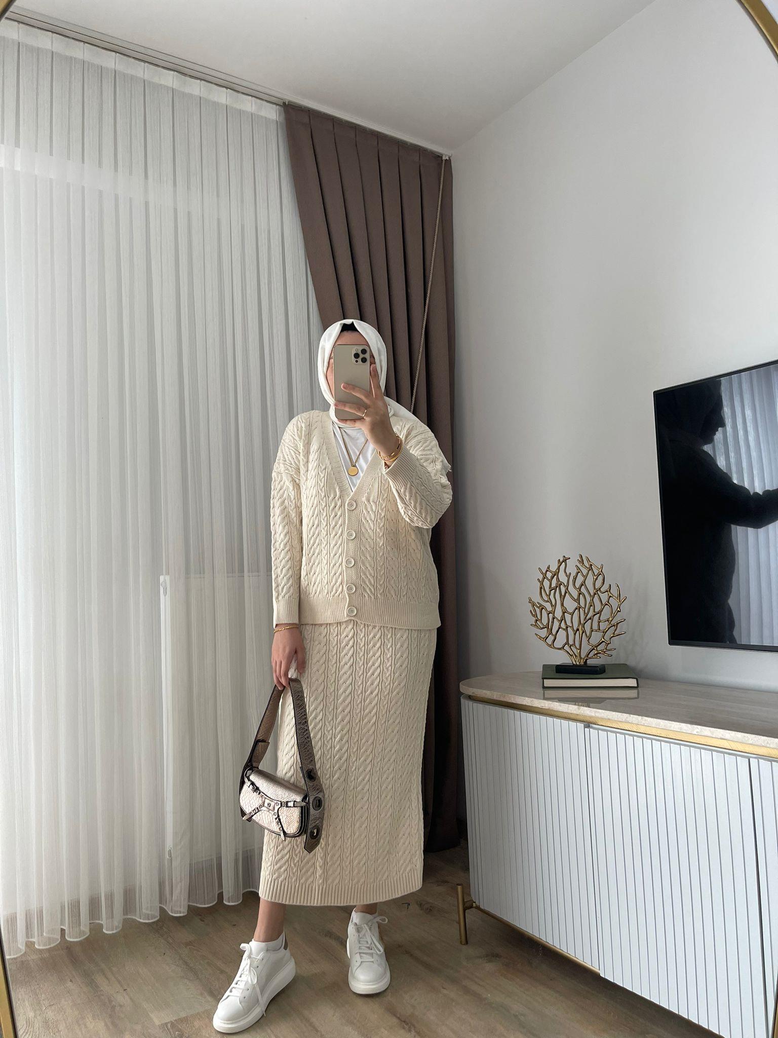 MEYSADESIGN TESETTÜR TRİKO Saç Örgü Triko Etekli Takım Bej