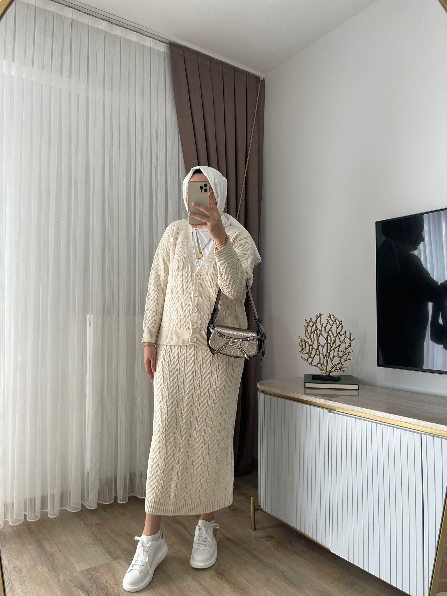 MEYSADESIGN TESETTÜR TRİKO Saç Örgü Triko Etekli Takım Bej
