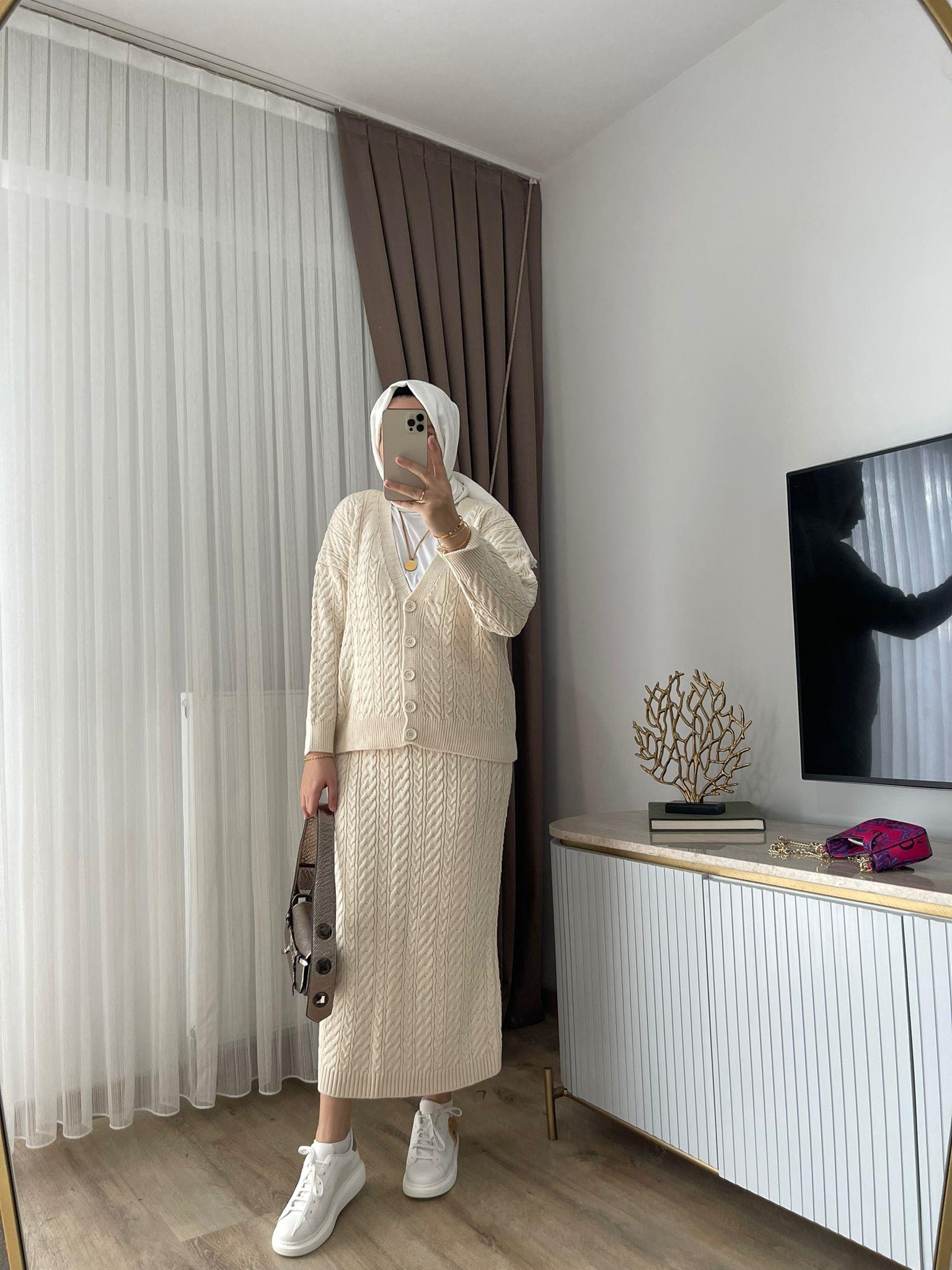 MEYSADESIGN TESETTÜR TRİKO Saç Örgü Triko Etekli Takım Bej