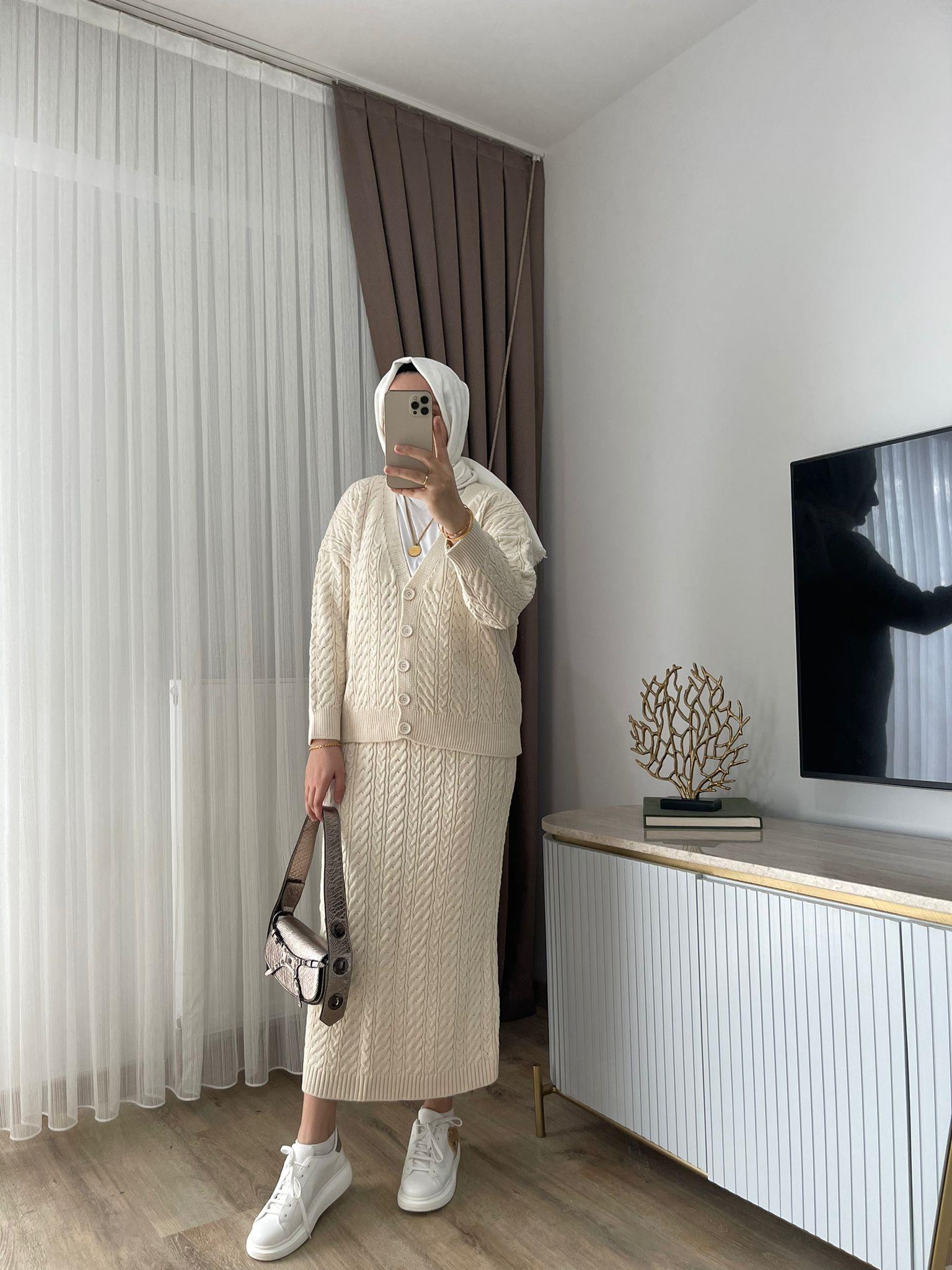 MEYSADESIGN TESETTÜR TRİKO Saç Örgü Triko Etekli Takım Bej