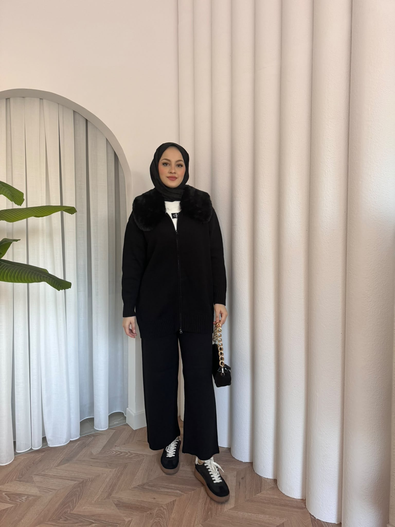 MEYSADESIGN TESETTÜR TRİKO Seyyar Kürk Yakalı Triko Takım Siyah