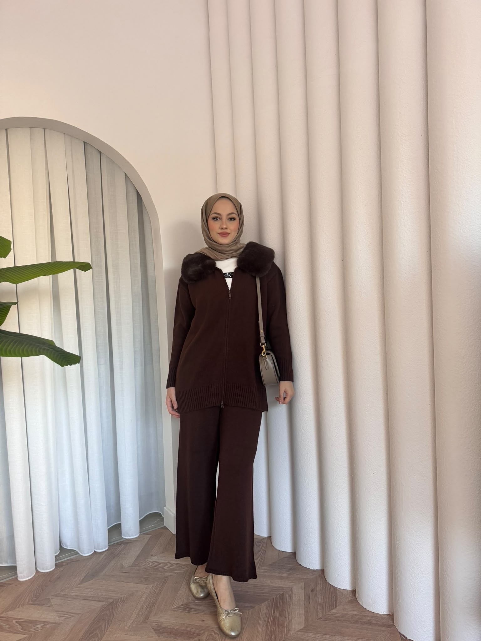 MEYSADESIGN TESETTÜR TRİKO Seyyar Kürk Yakalı Triko Takım Acı Kahve